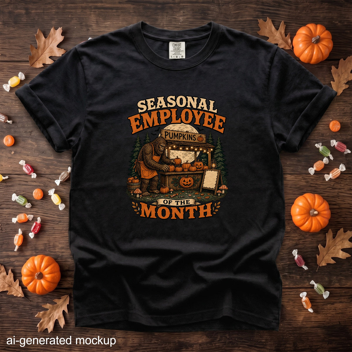 Black t-shirt with Bigfoot selling pumpkins graphic and text "Seasonal Employee of the Month".