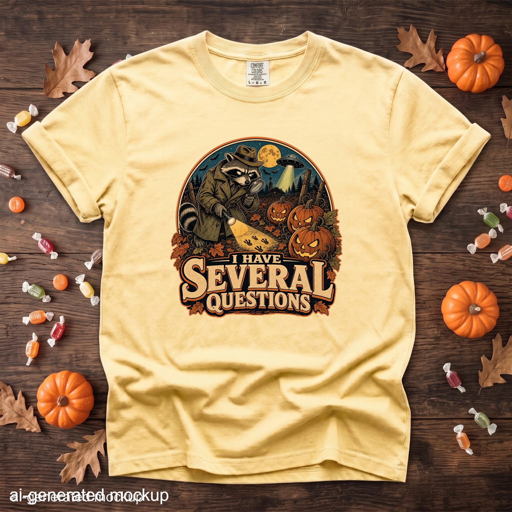 Yellow t-shirt with raccoon in trench coat investigating UFO and pumpkins. "I Have Several Questions" text.