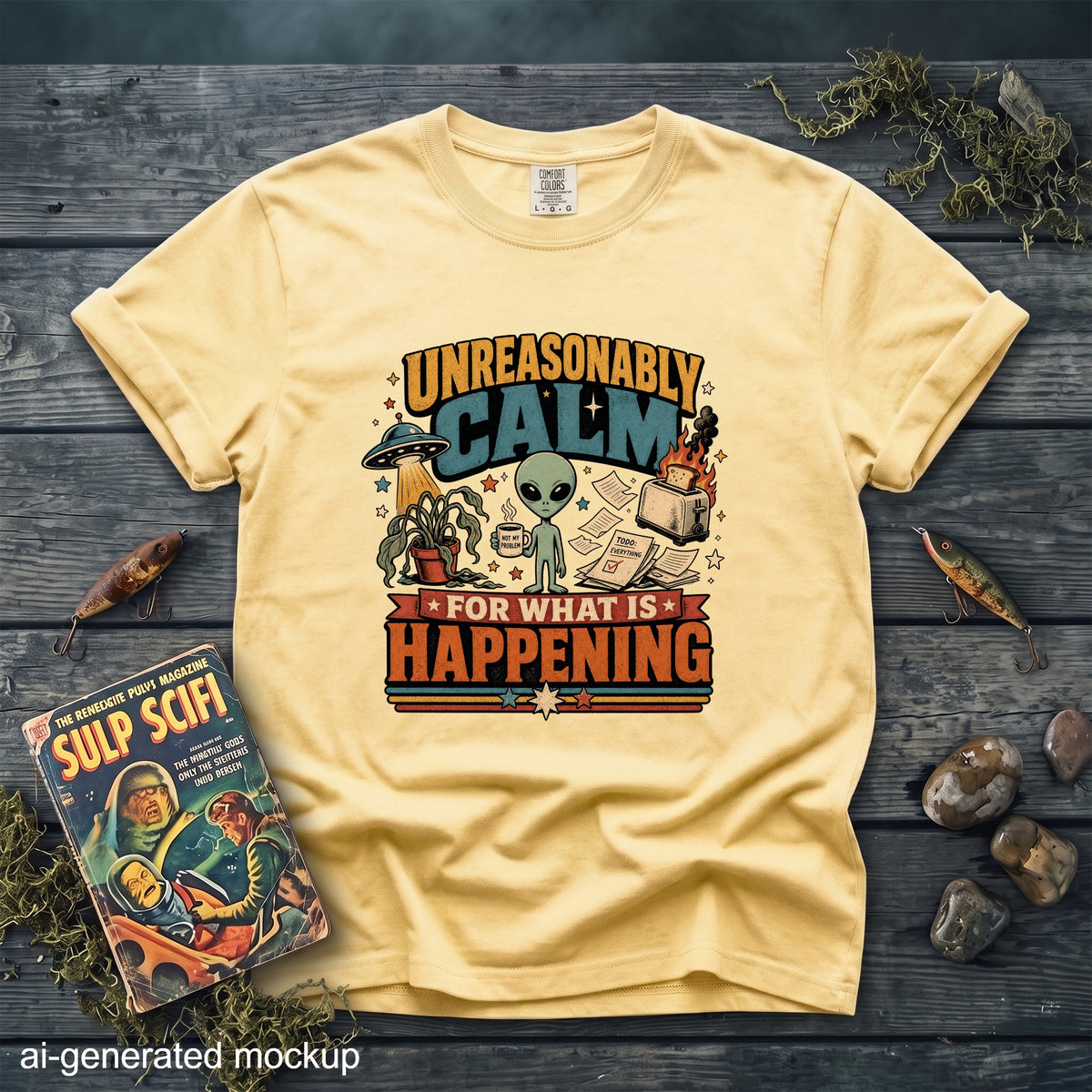 Yellow t-shirt with "Unreasonably Calm For What Is Happening" alien graphic.