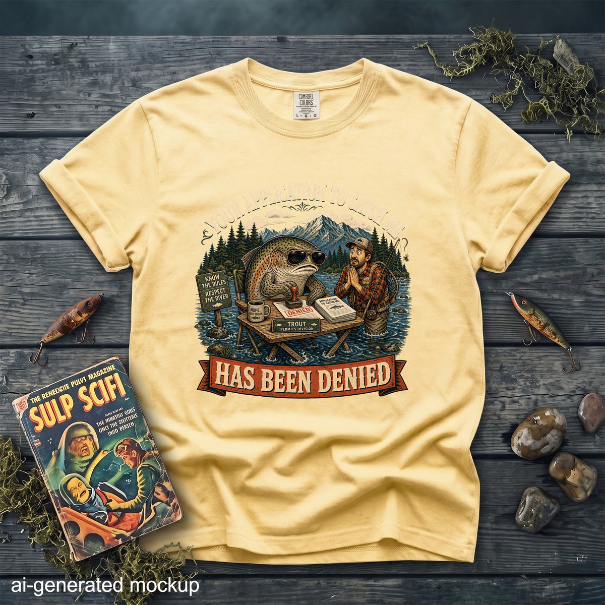 Yellow t-shirt graphic of a fish denying a fisherman's application to catch him.