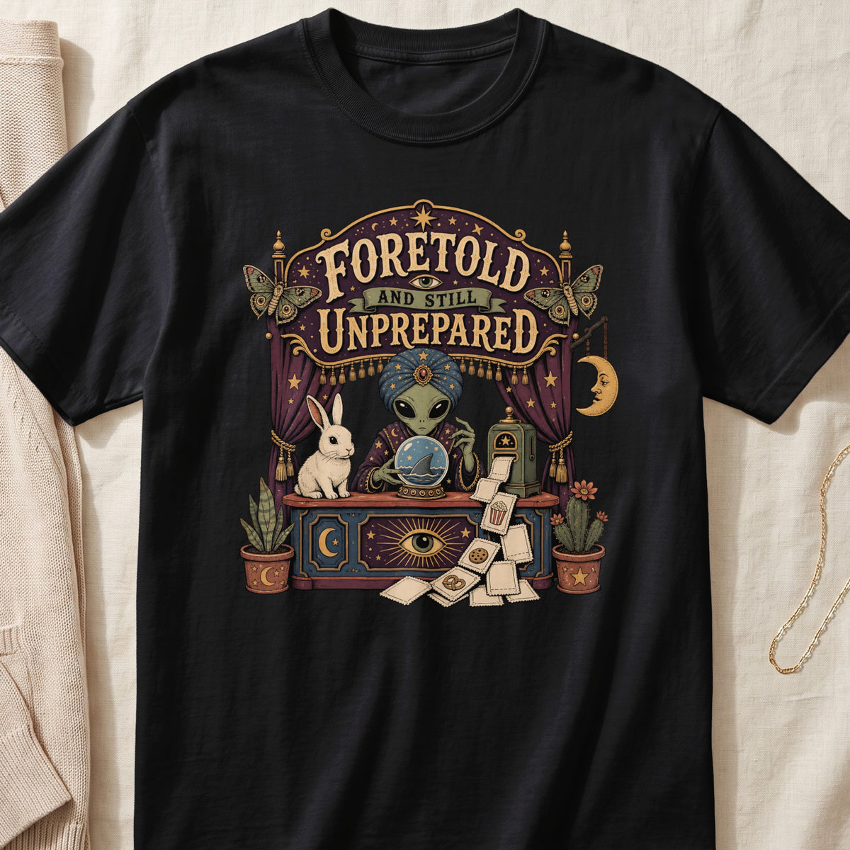 Alien fortune teller with rabbit and crystal ball, "Foretold and Still Unprepared" text.