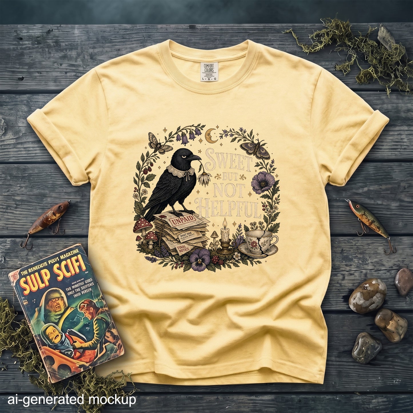 Yellow t-shirt with a crow, stacked bills, and "Sweet but Not Helpful" text.