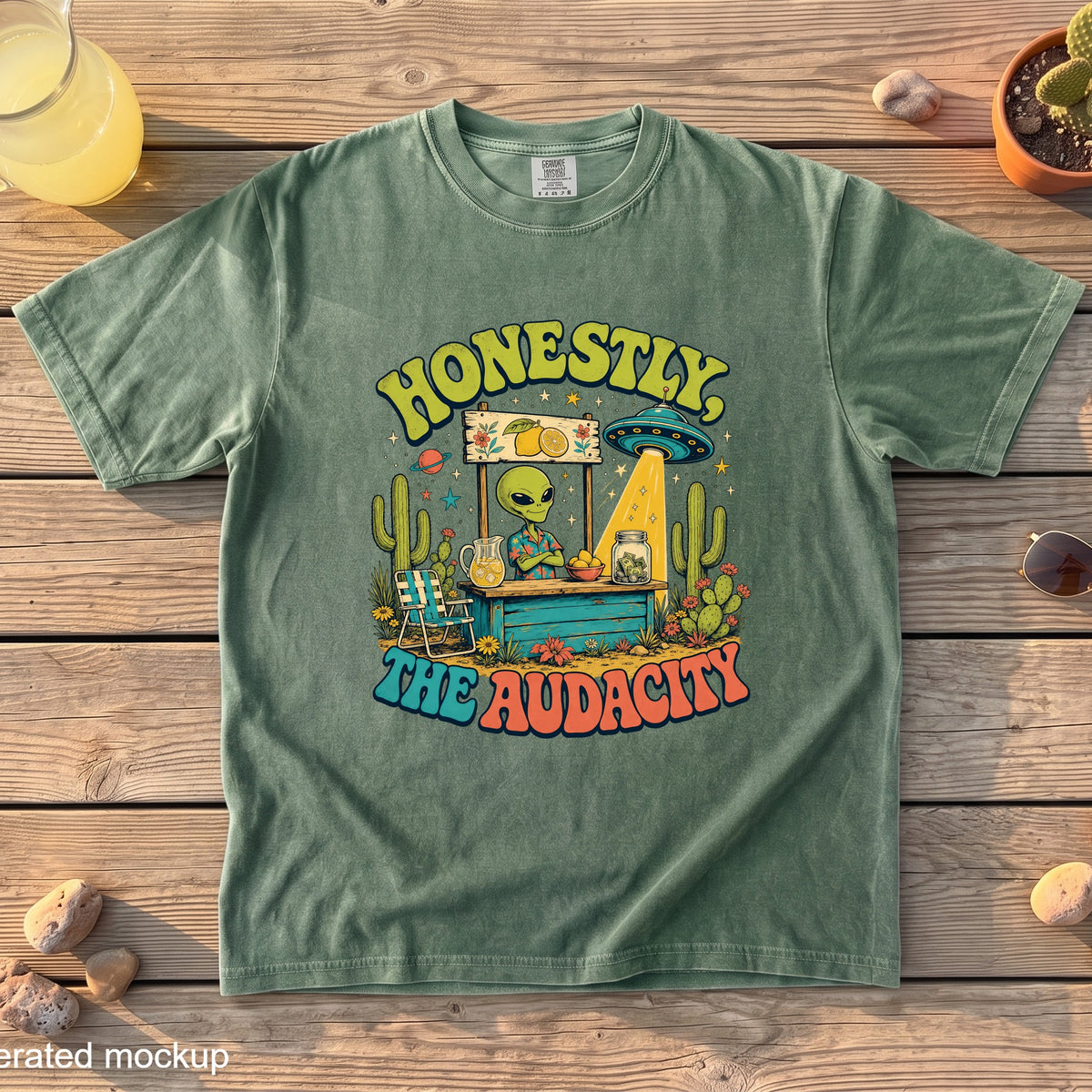 Green t-shirt graphic with alien selling lemonade and text "Honestly, the Audacity".