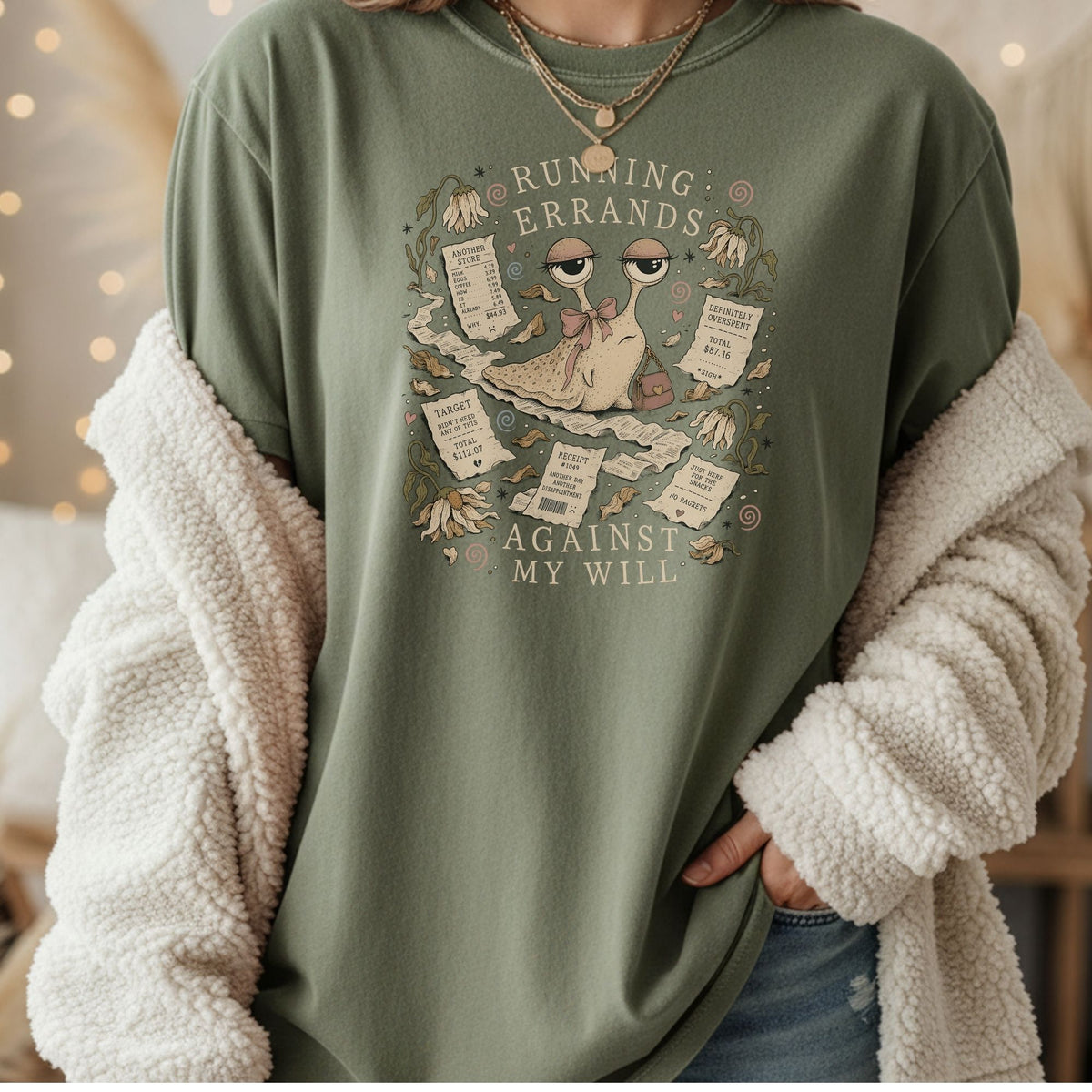 Green t-shirt with cartoon snail, receipts, and text "Running Errands Against My Will".