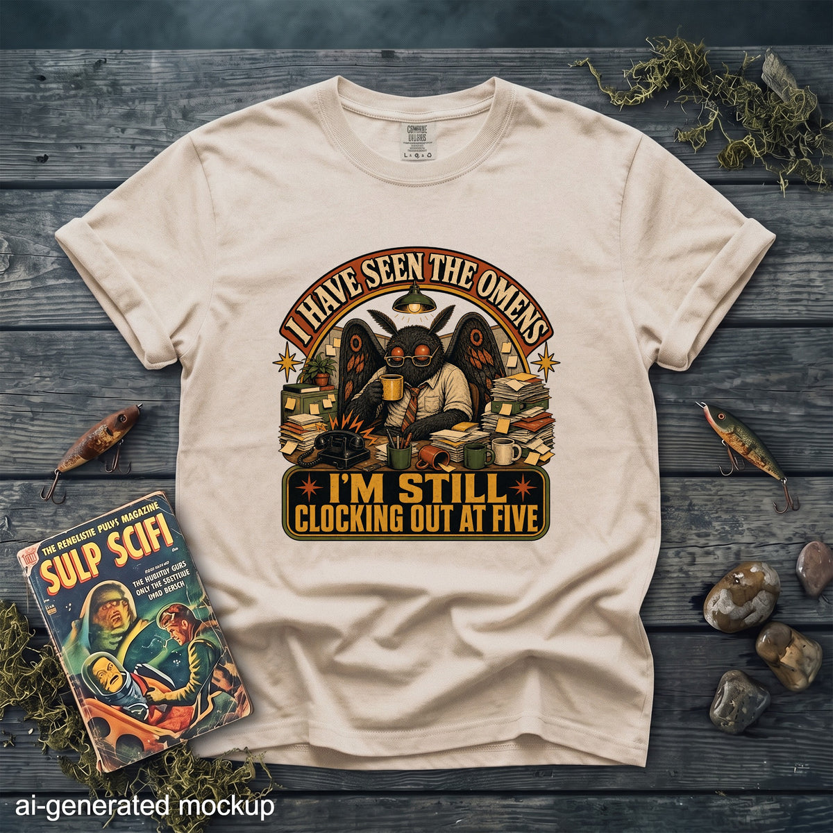 T-shirt with "I have seen the omens, I'm still clocking out at five" graphic.