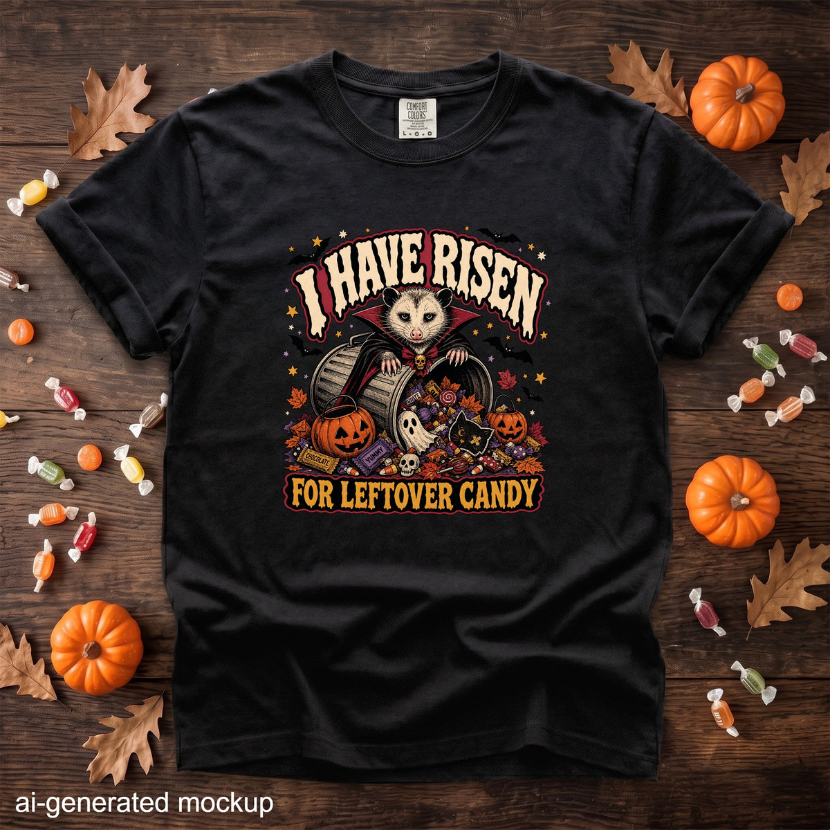 Black t-shirt with opossum in cape and text "I HAVE RISEN FOR LEFTOVER CANDY".