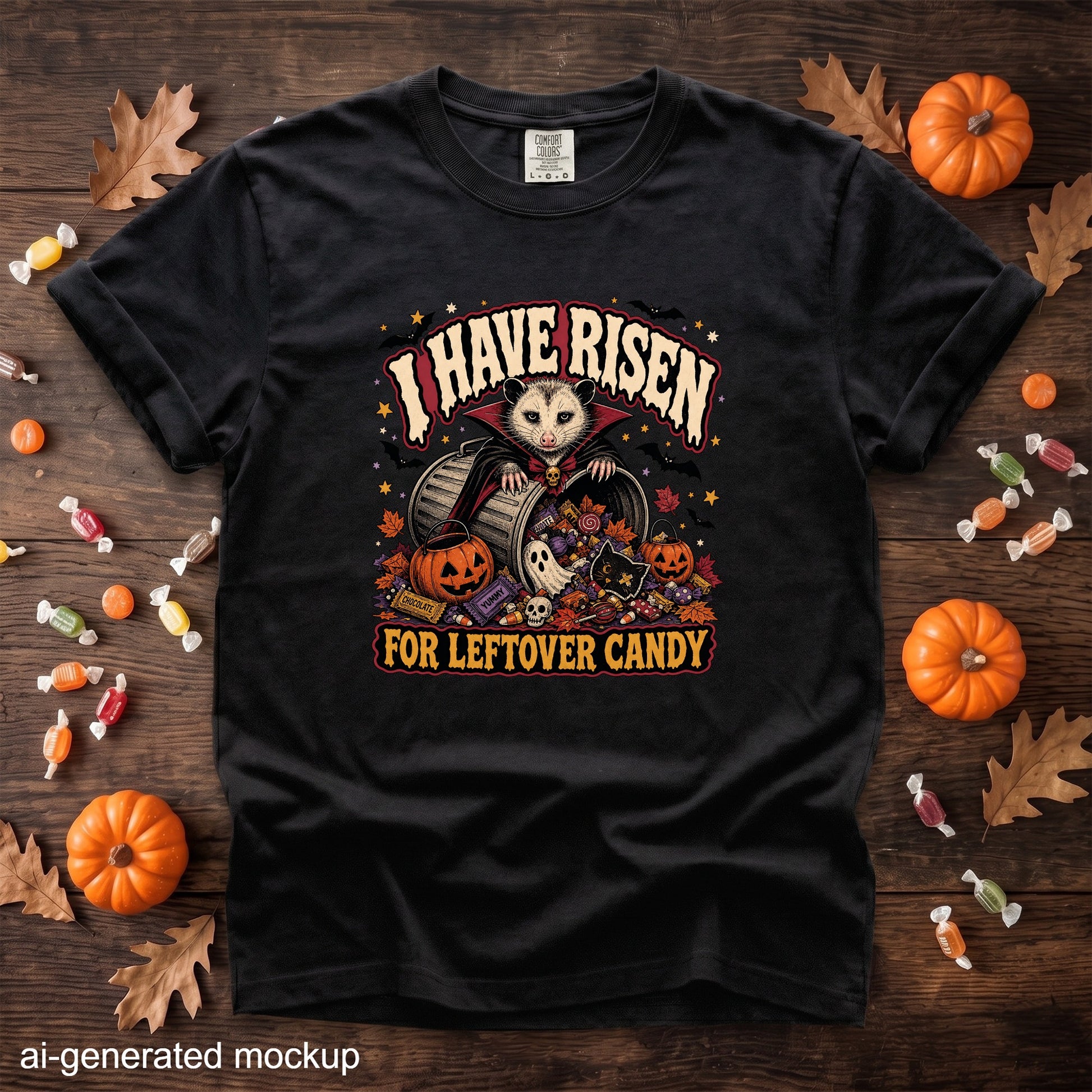 Black t-shirt with opossum in cape and text "I HAVE RISEN FOR LEFTOVER CANDY".