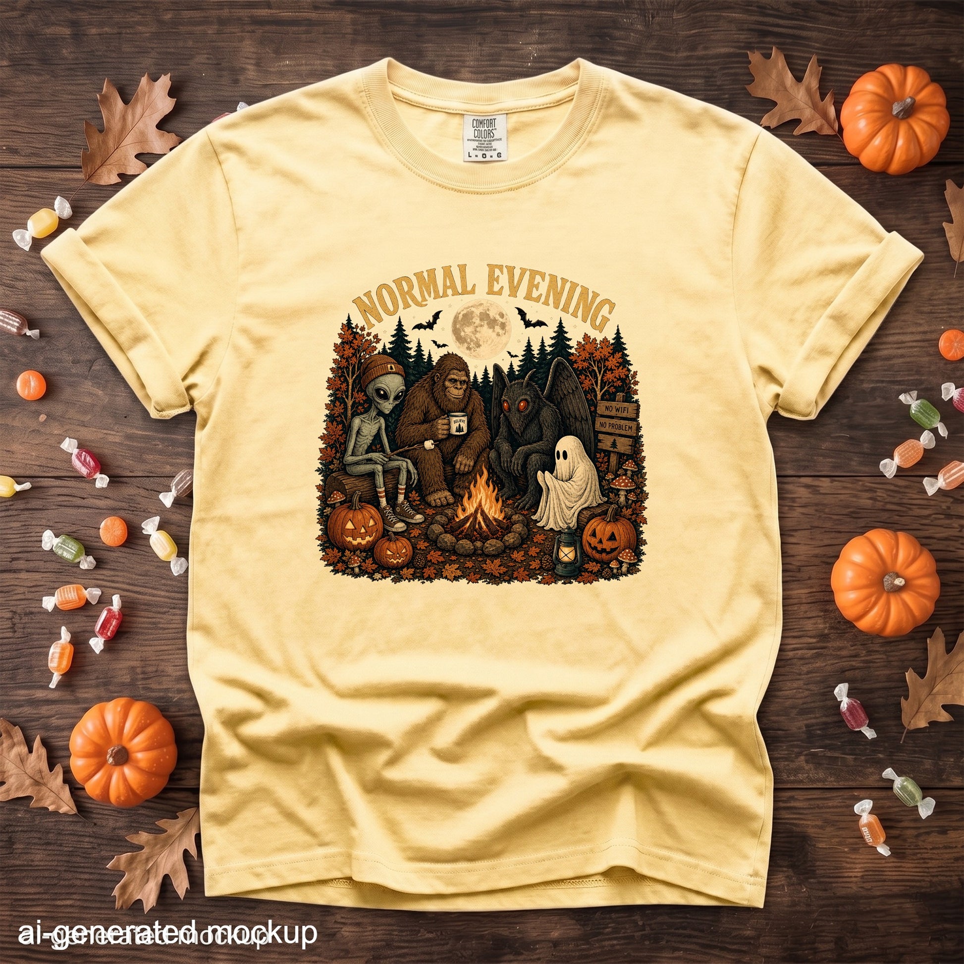 Yellow t-shirt with "Normal Evening" graphic of cryptids around a campfire.