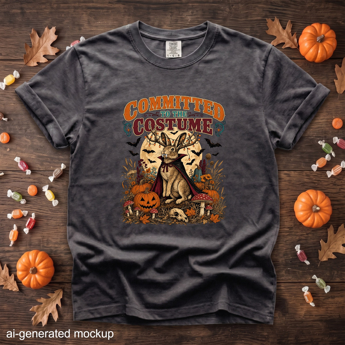 Dark gray t-shirt with "Committed to the Costume" and Halloween bunny graphic.