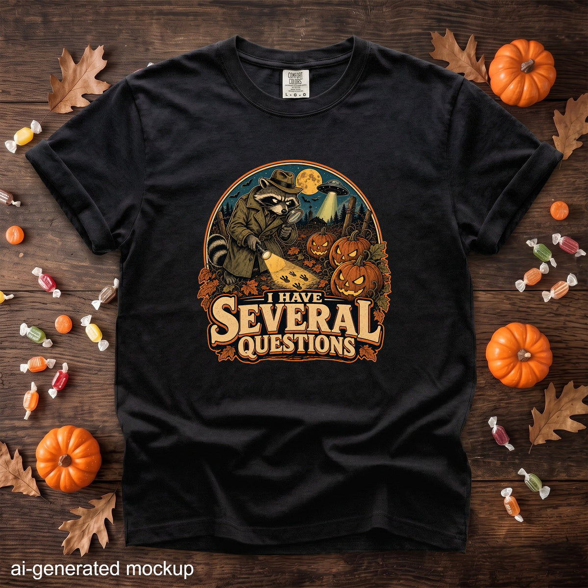 Black t-shirt with raccoon investigator graphic and "I have several questions" text.