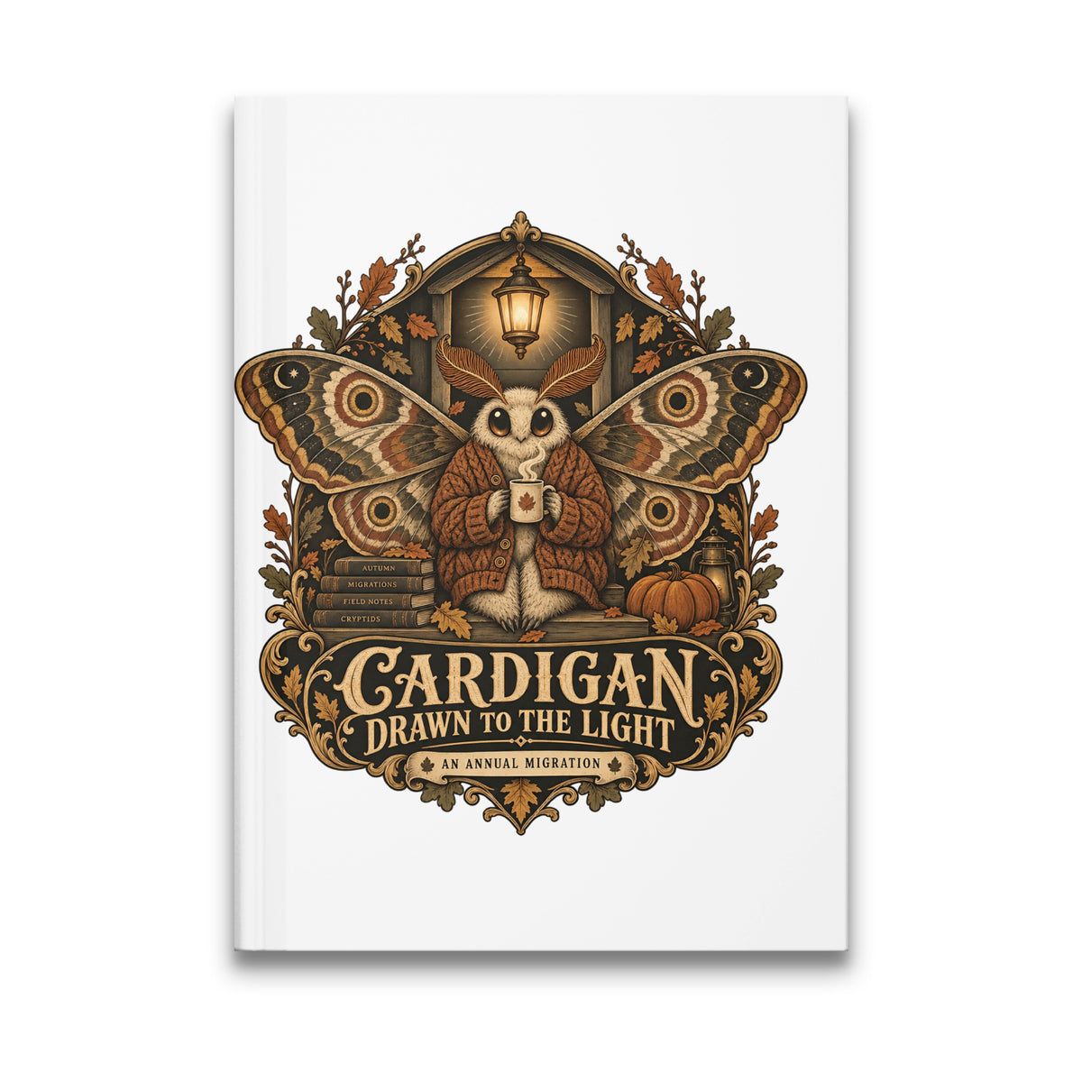 Moth in a sweater holding coffee, "Cardigan Drawn to the Light" text.