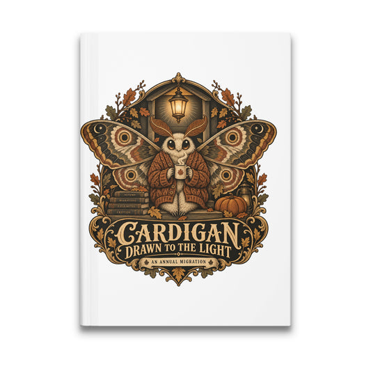 Moth in a sweater holding coffee, "Cardigan Drawn to the Light" text.