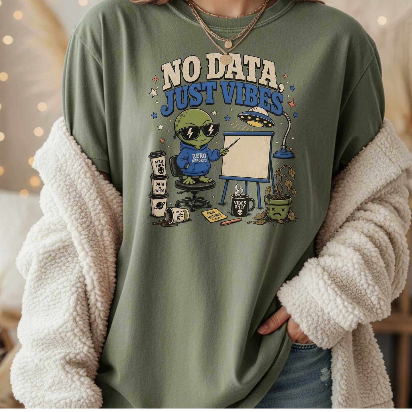 T-shirt with "No Data, Just Vibes" text and an alien presenting to a whiteboard.