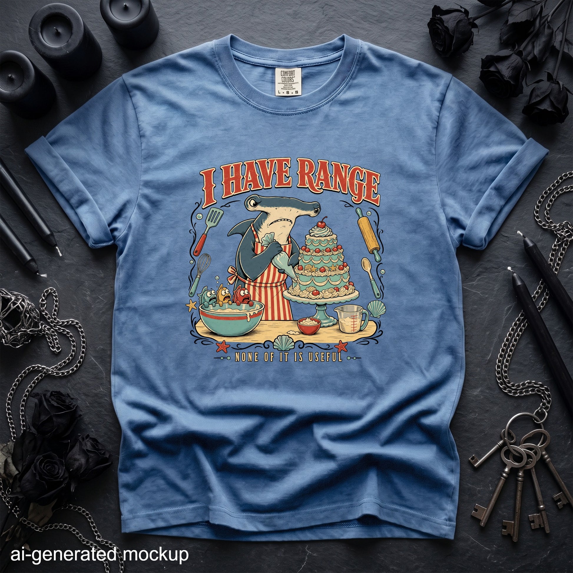 Blue t-shirt with graphic of hammerhead shark baking a cake, text reads "I HAVE RANGE NONE OF IT IS USEFUL".