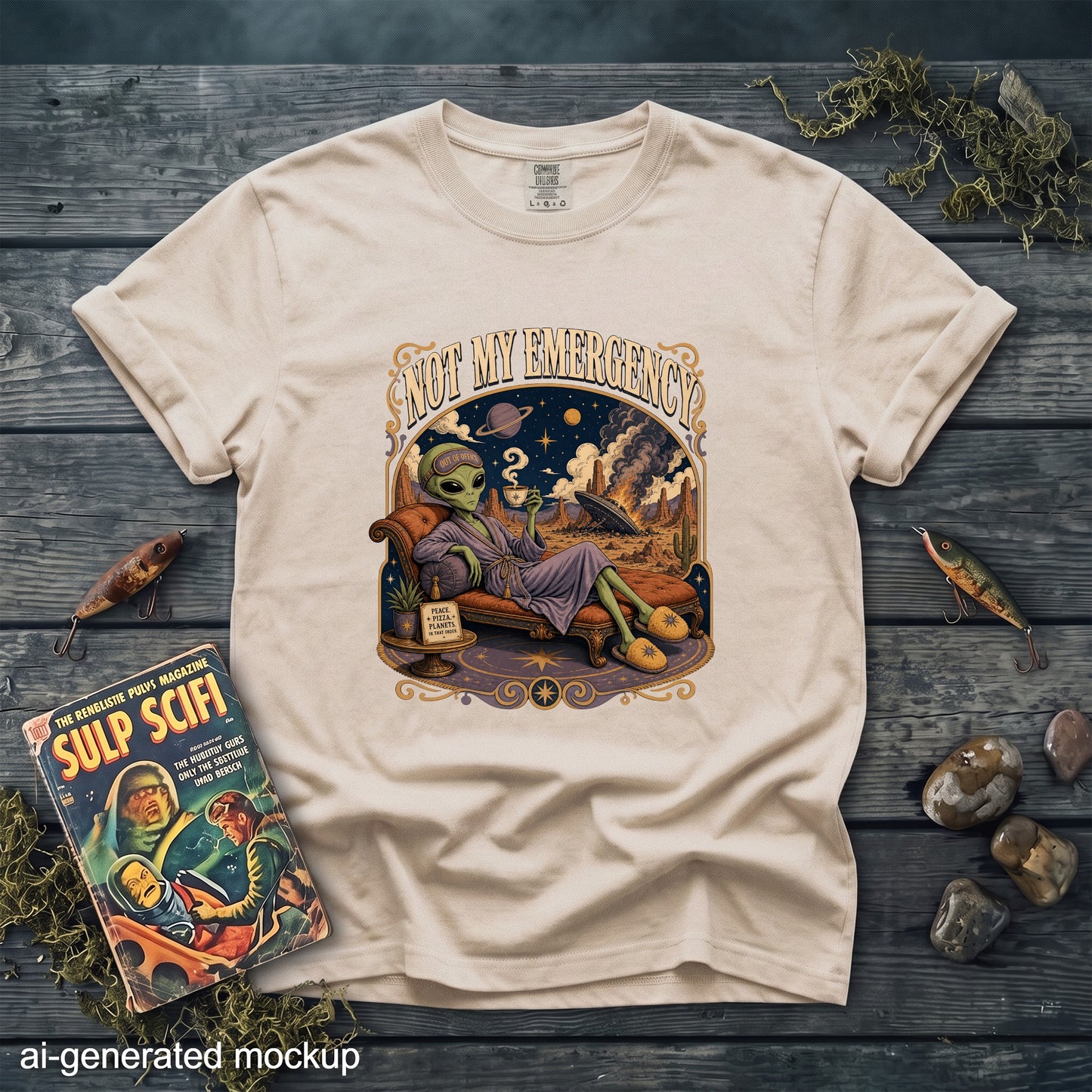 T-shirt with a graphic of an alien relaxing as a spaceship crashes and fires erupt.