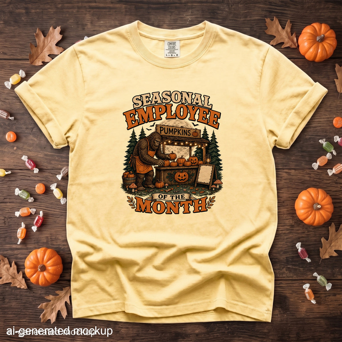 Yellow t-shirt with Bigfoot at a pumpkin stand, text: Seasonal Employee of the Month.