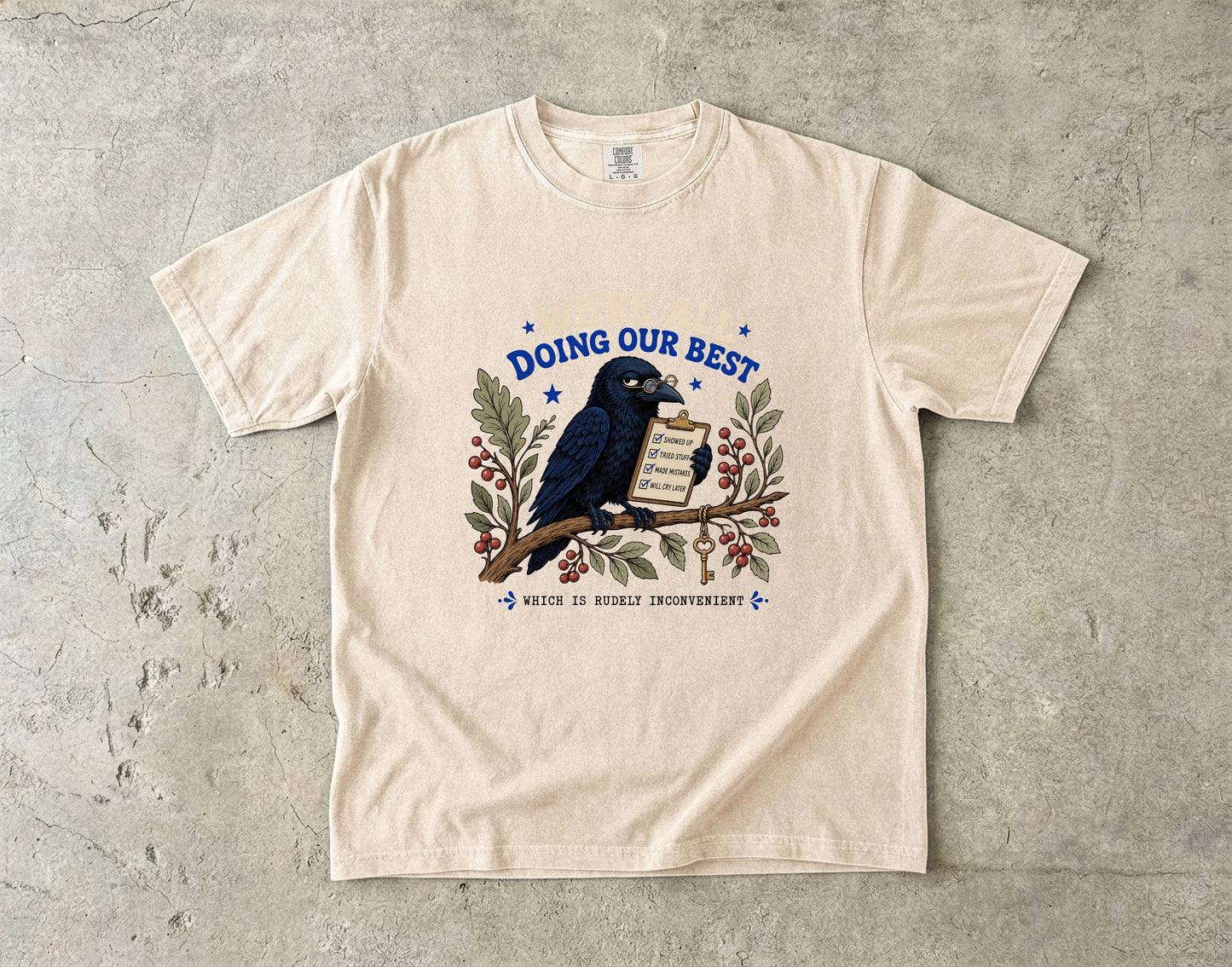 T-shirt with crow wearing glasses and holding a checklist titled "Doing Our Best".