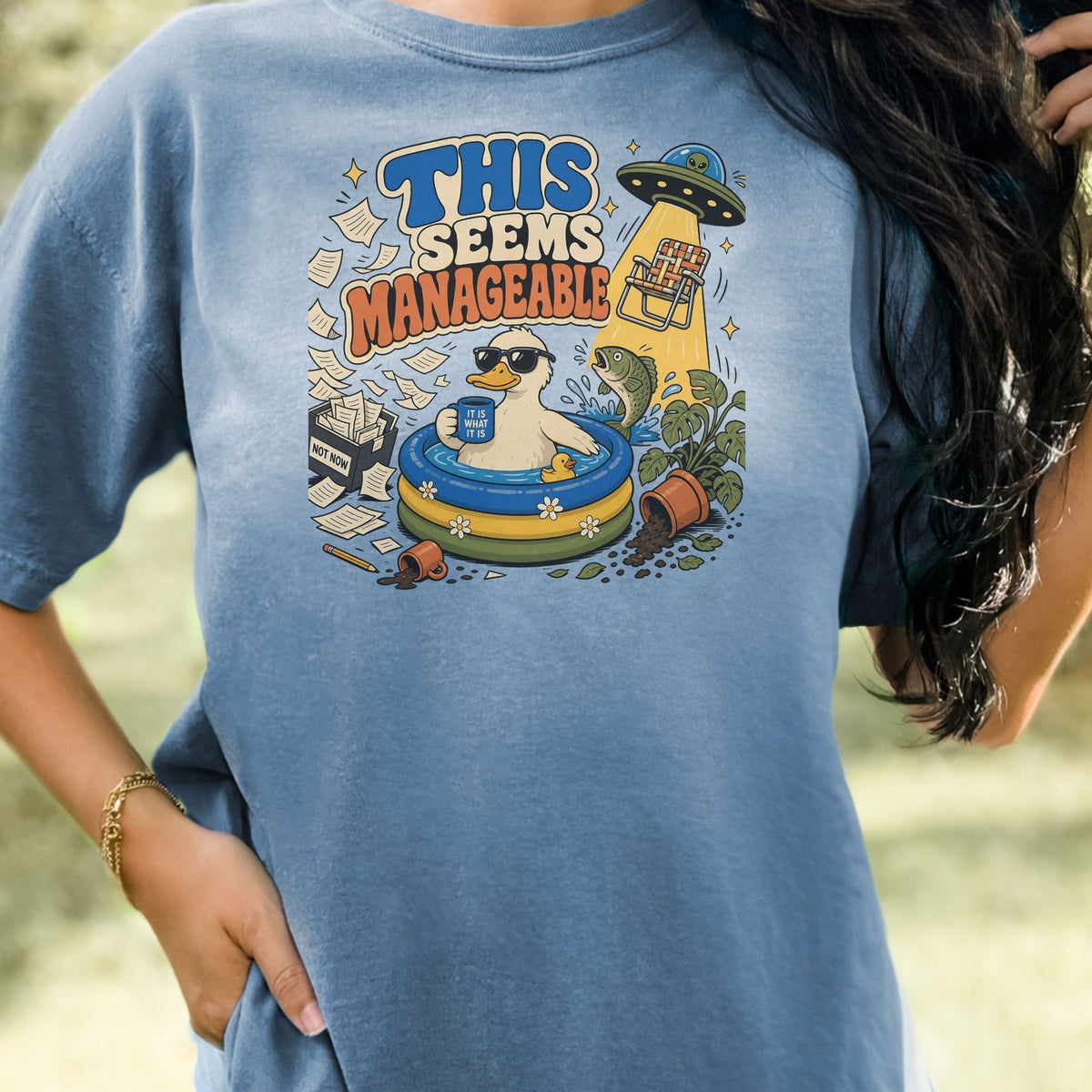 Duck with sunglasses in a pool, with UFO and fish, and text "THIS SEEMS MANAGEABLE".