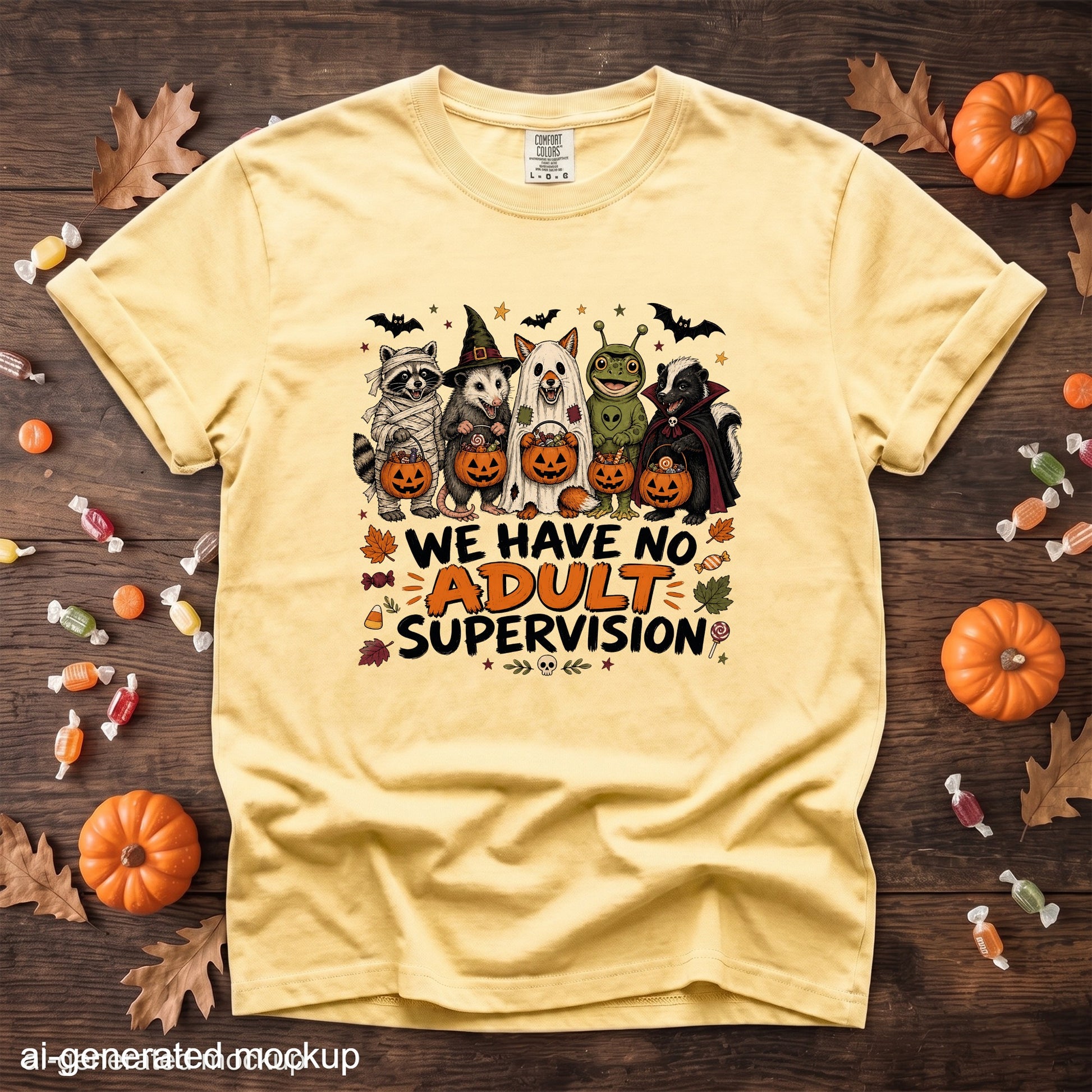 Yellow t-shirt with Halloween animals and text "WE HAVE NO ADULT SUPERVISION."
