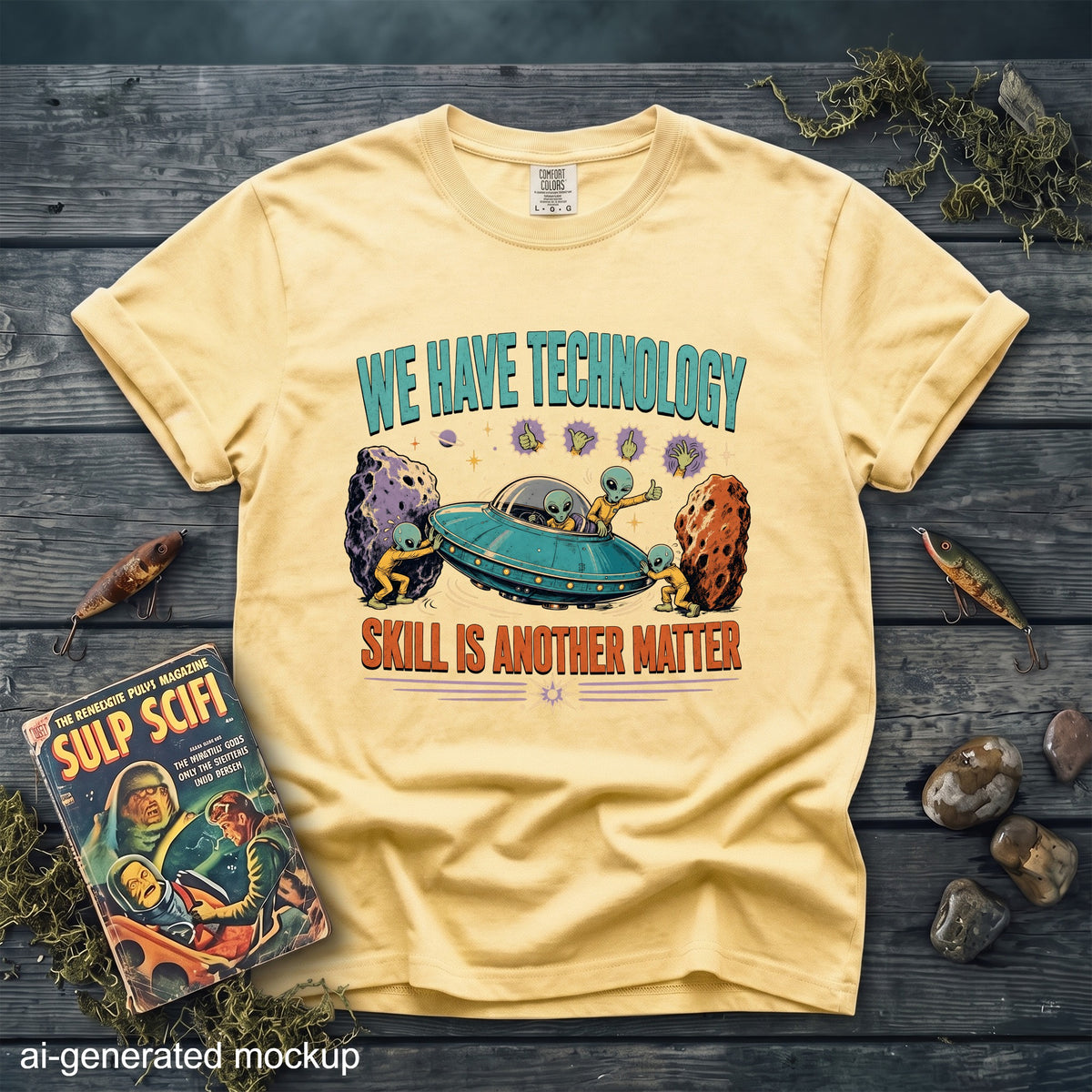 Light yellow t-shirt with aliens and a UFO graphic saying "We Have Technology, Skill Is Another Matter".