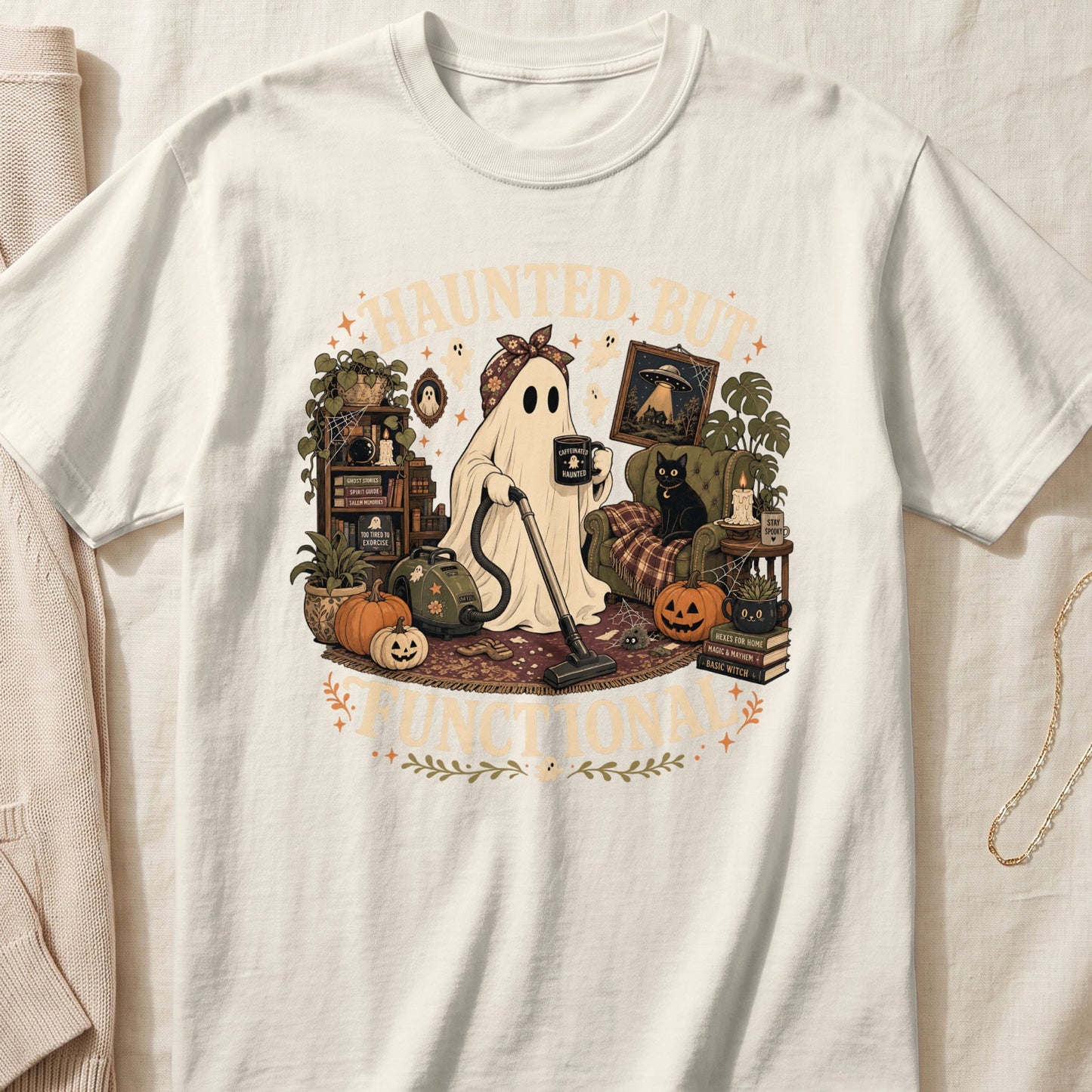 Ghost with vacuum and coffee mug, text "Haunted but functional".