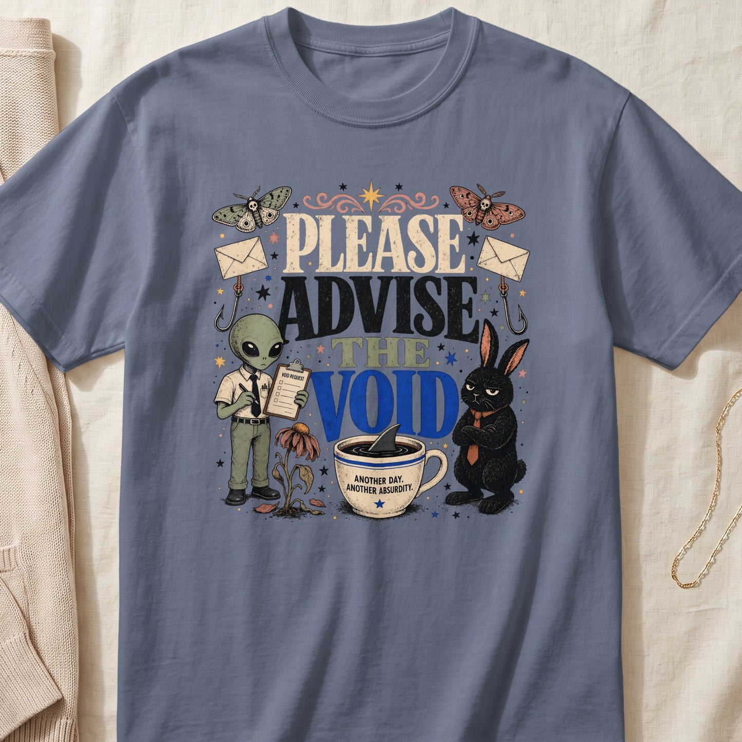 Alien and grumpy bunny with text "Please Advise The Void" and "Another Day, Another Absurdity."