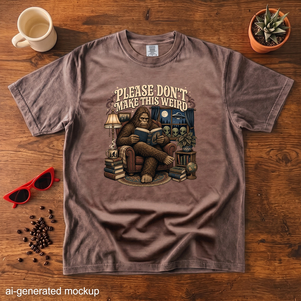 Bigfoot reading a book with aliens outside the window, text "PLEASE DON'T MAKE THIS WEIRD".