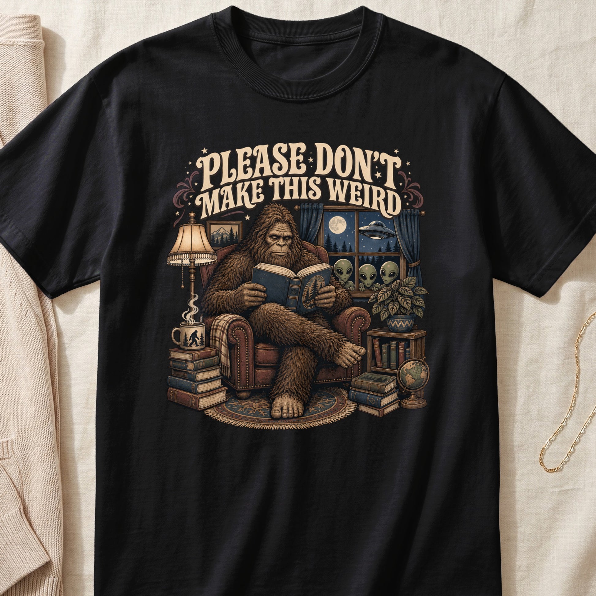 Bigfoot reads a book while aliens look through the window. "Please Don't Make This Weird" text.