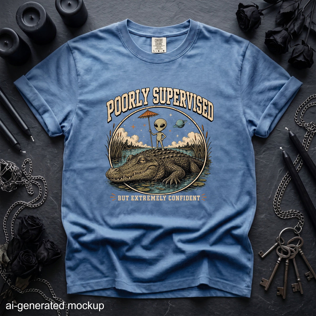 T-shirt with graphic of an alien on an alligator, reading "Poorly Supervised But Extremely Confident".