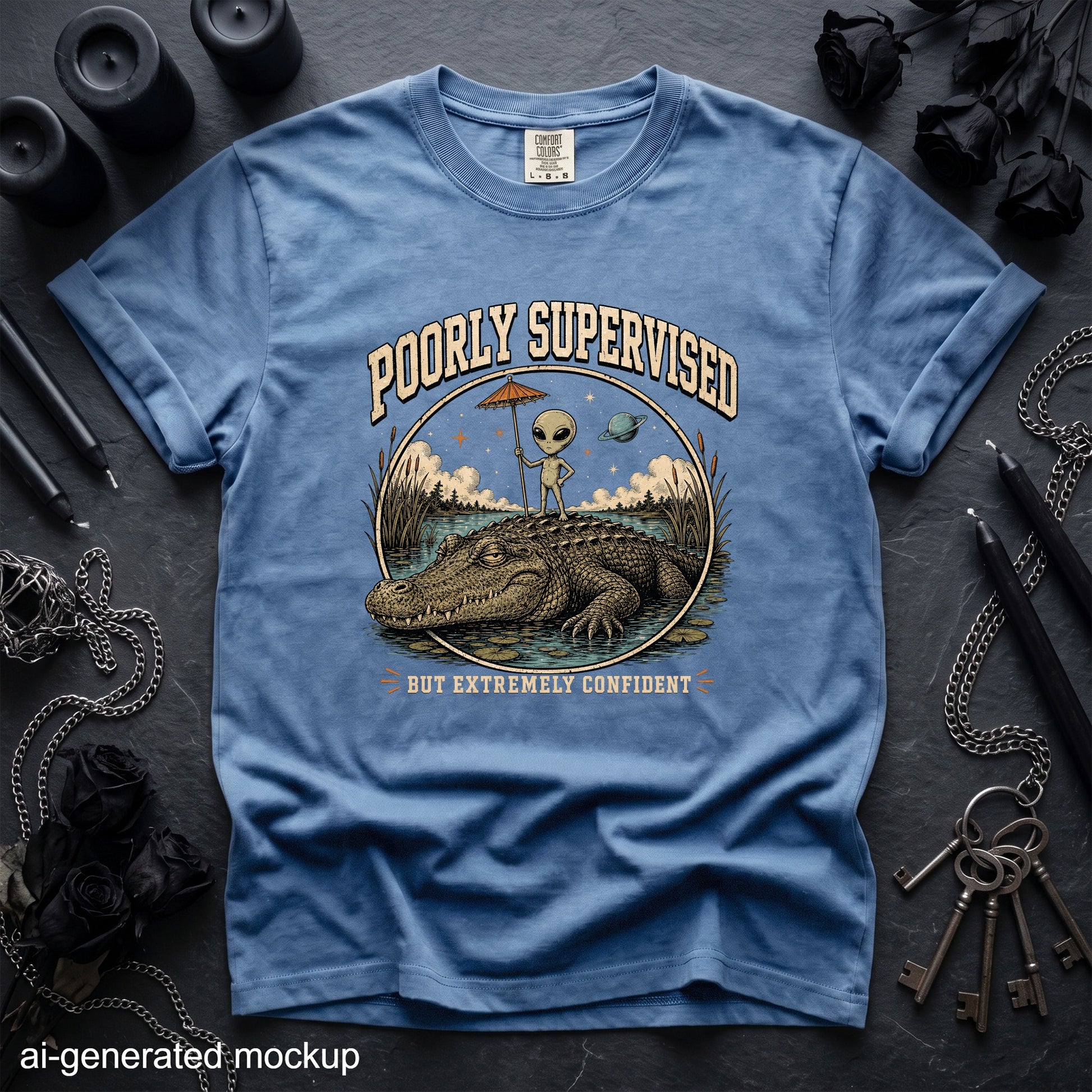 T-shirt with graphic of an alien on an alligator, reading "Poorly Supervised But Extremely Confident".
