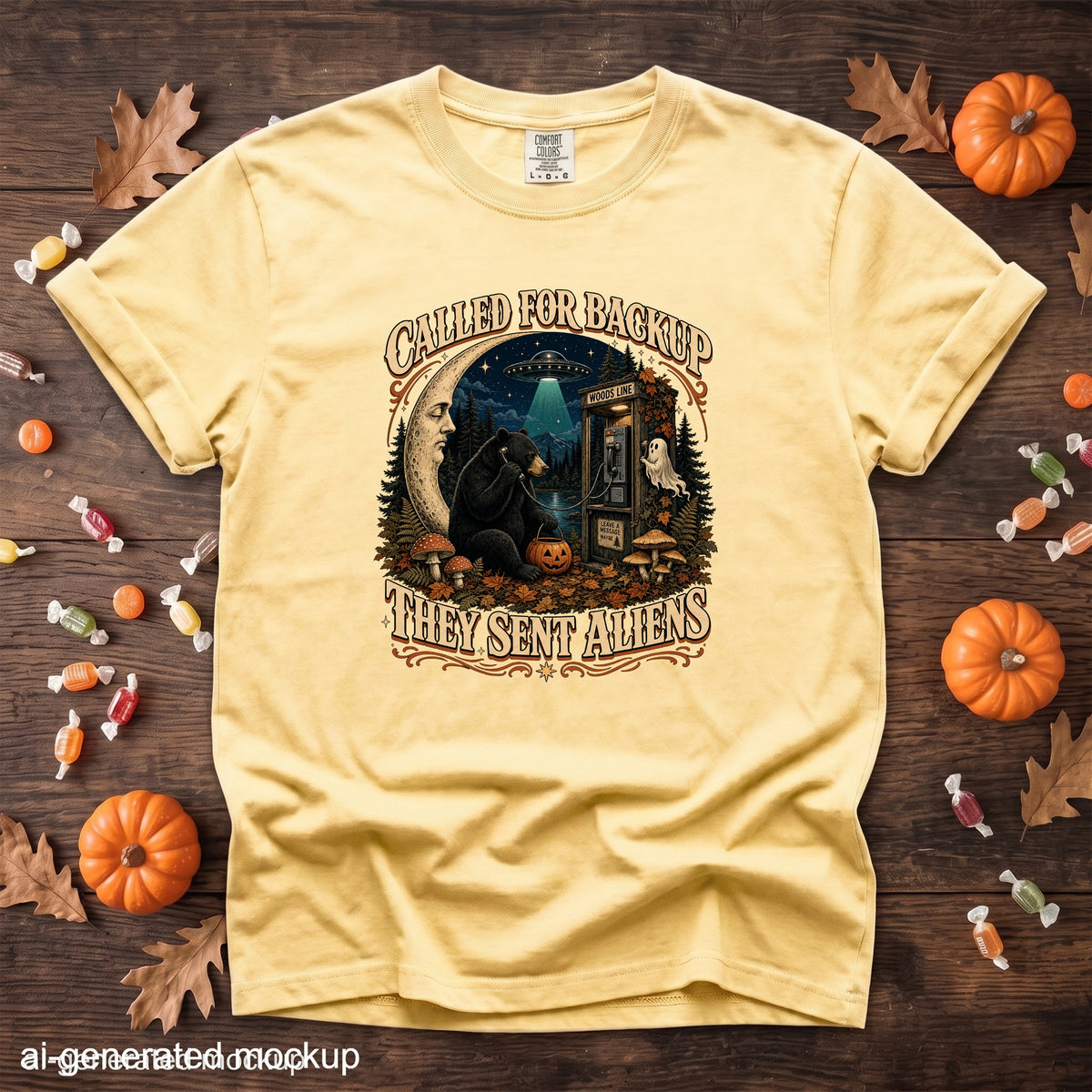 Yellow t-shirt with "Called for Backup They Sent Aliens" graphic featuring a bear and UFO.