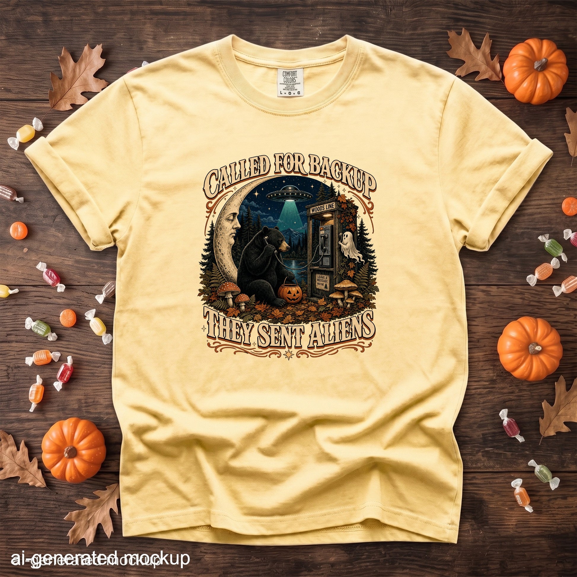 Yellow t-shirt with "Called for Backup They Sent Aliens" graphic featuring a bear and UFO.