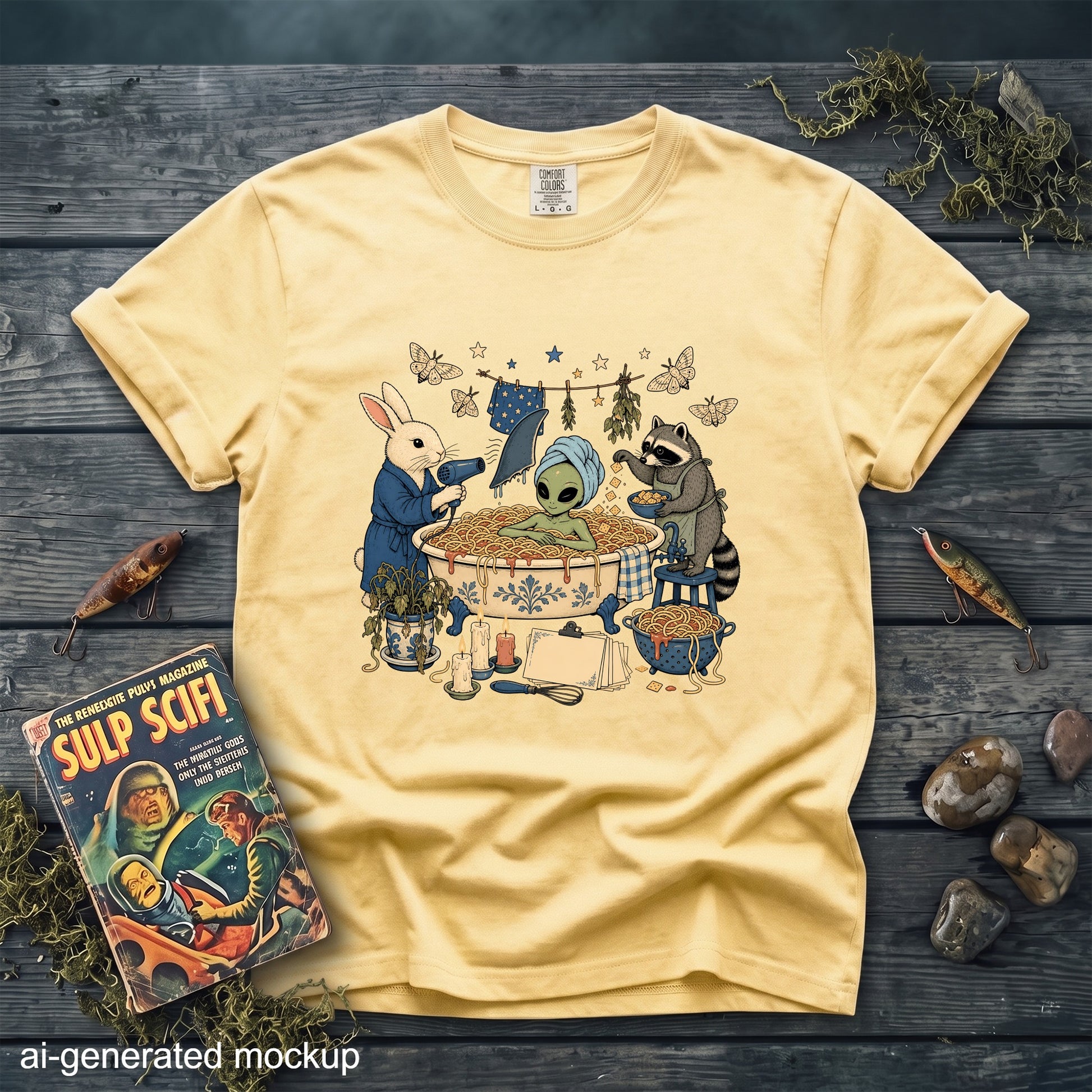 A yellow t-shirt featuring an illustration of an alien bathing in a tub of spaghetti, assisted by a rabbit and a raccoon.