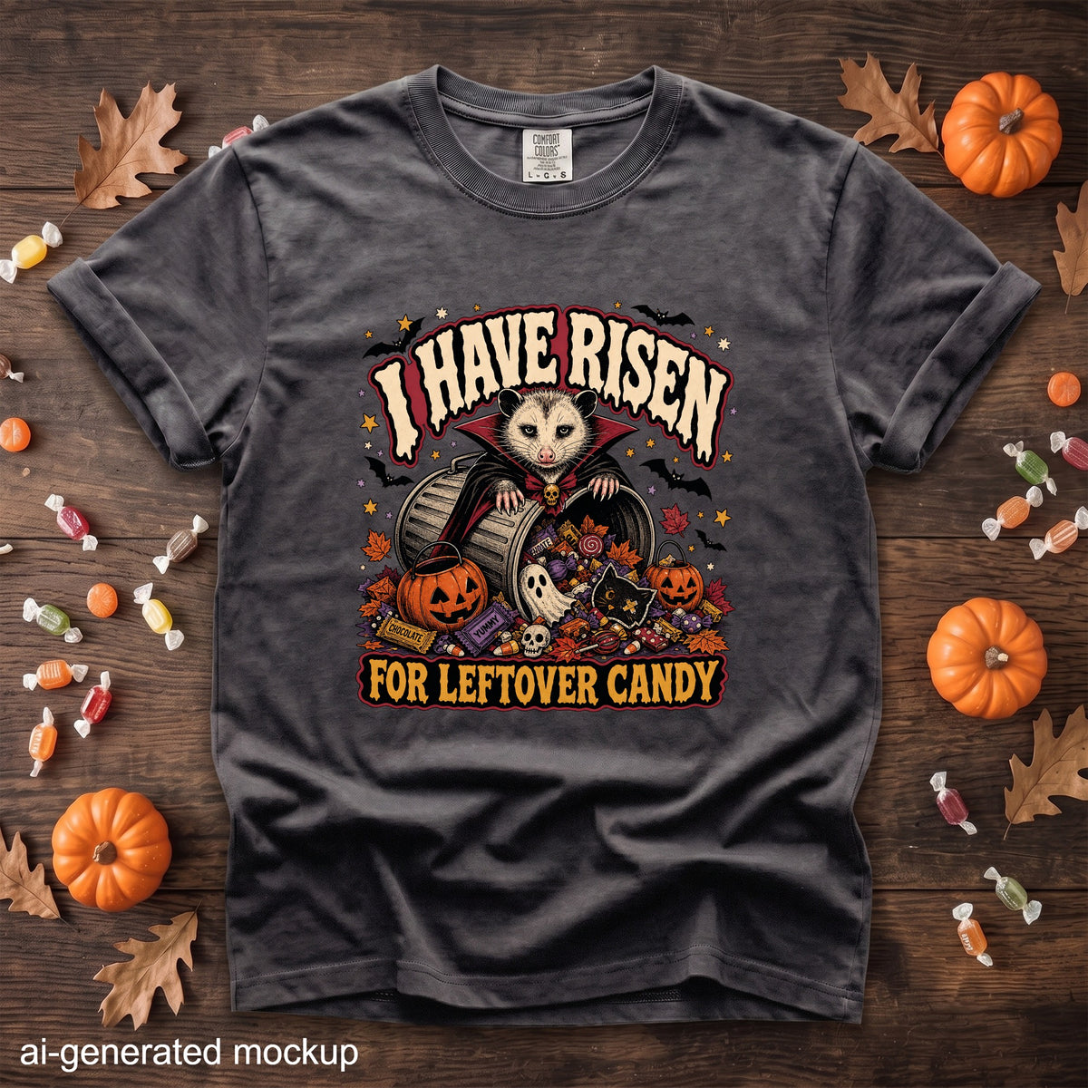 T-shirt with "I HAVE RISEN FOR LEFTOVER CANDY" text and a possum in a trash can with candy.