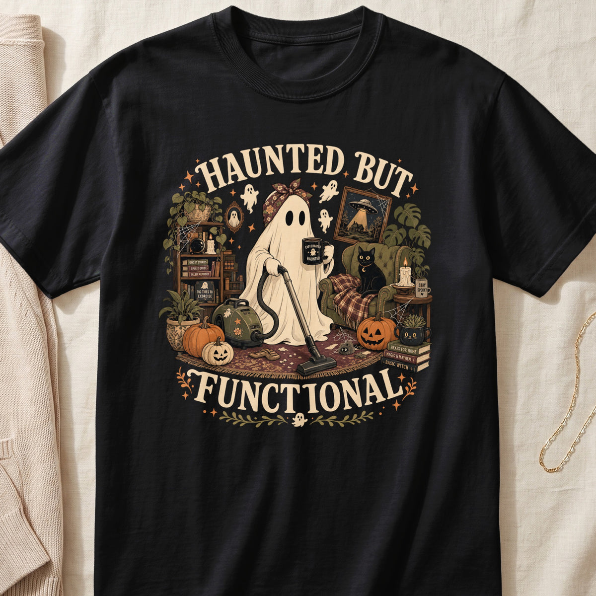 Black t-shirt graphic with ghost vacuuming and text "Haunted But Functional".