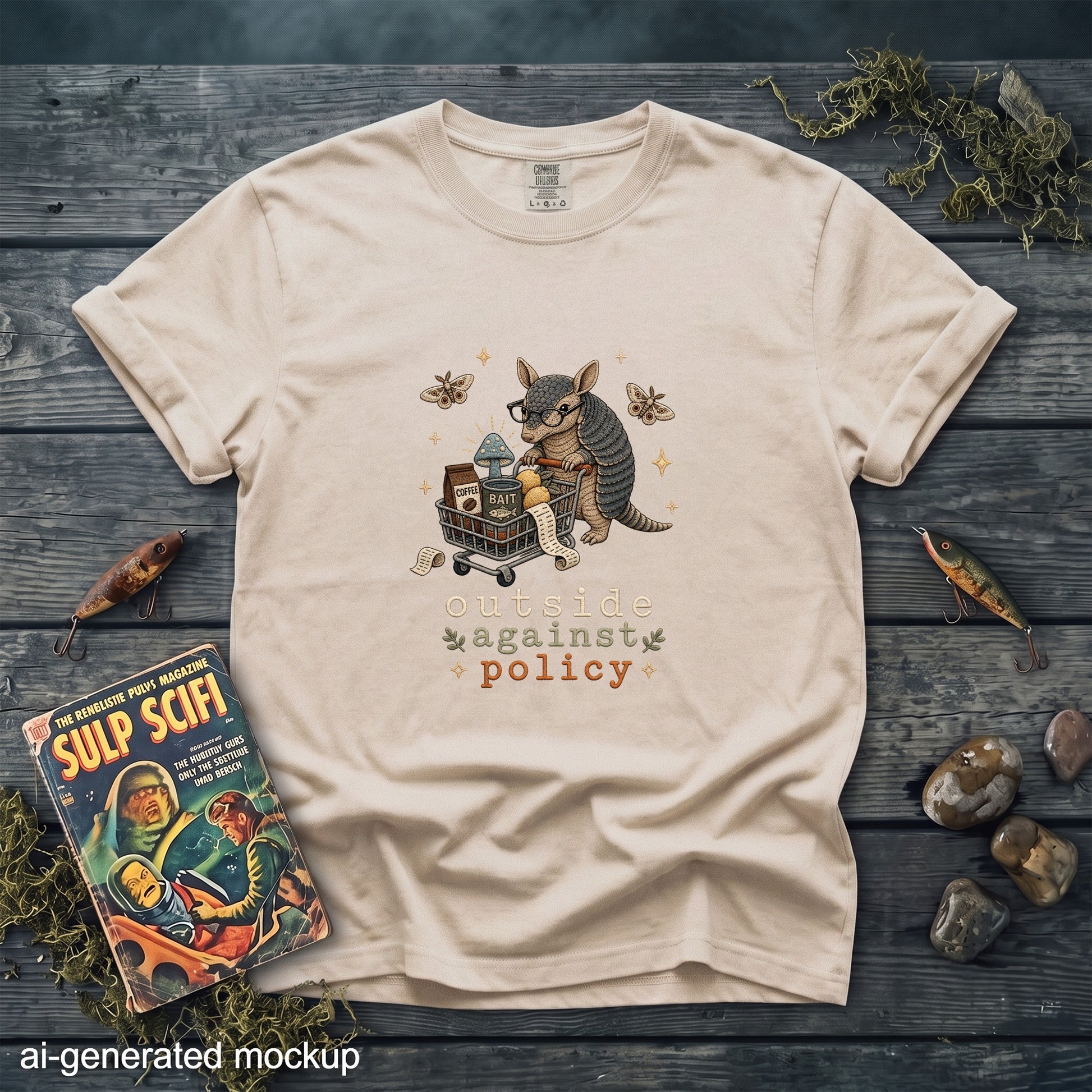 T-shirt with a graphic of an armadillo pushing a shopping cart with text "outside against policy."