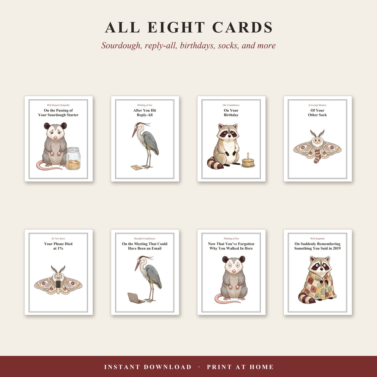 All eight card fronts in the set