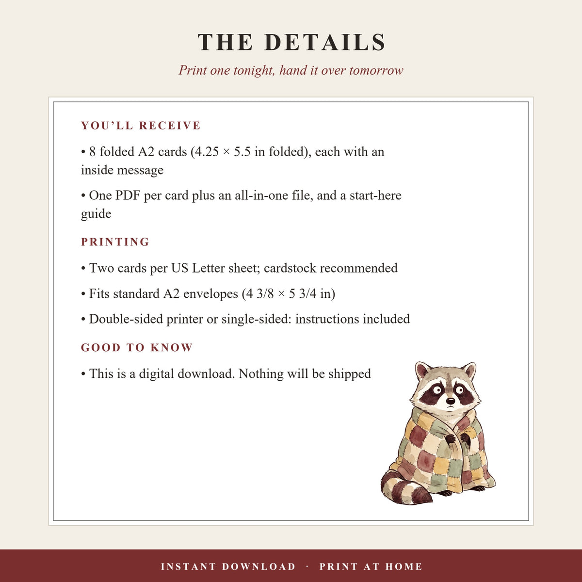 Card set details: A2 folded cards, two per US Letter sheet, fits A2 envelopes