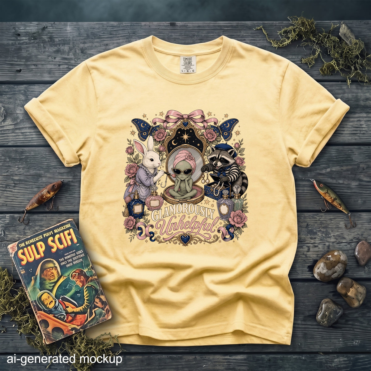 Yellow t-shirt with alien, rabbit, raccoon, and text "Glamorously Unhelpful".