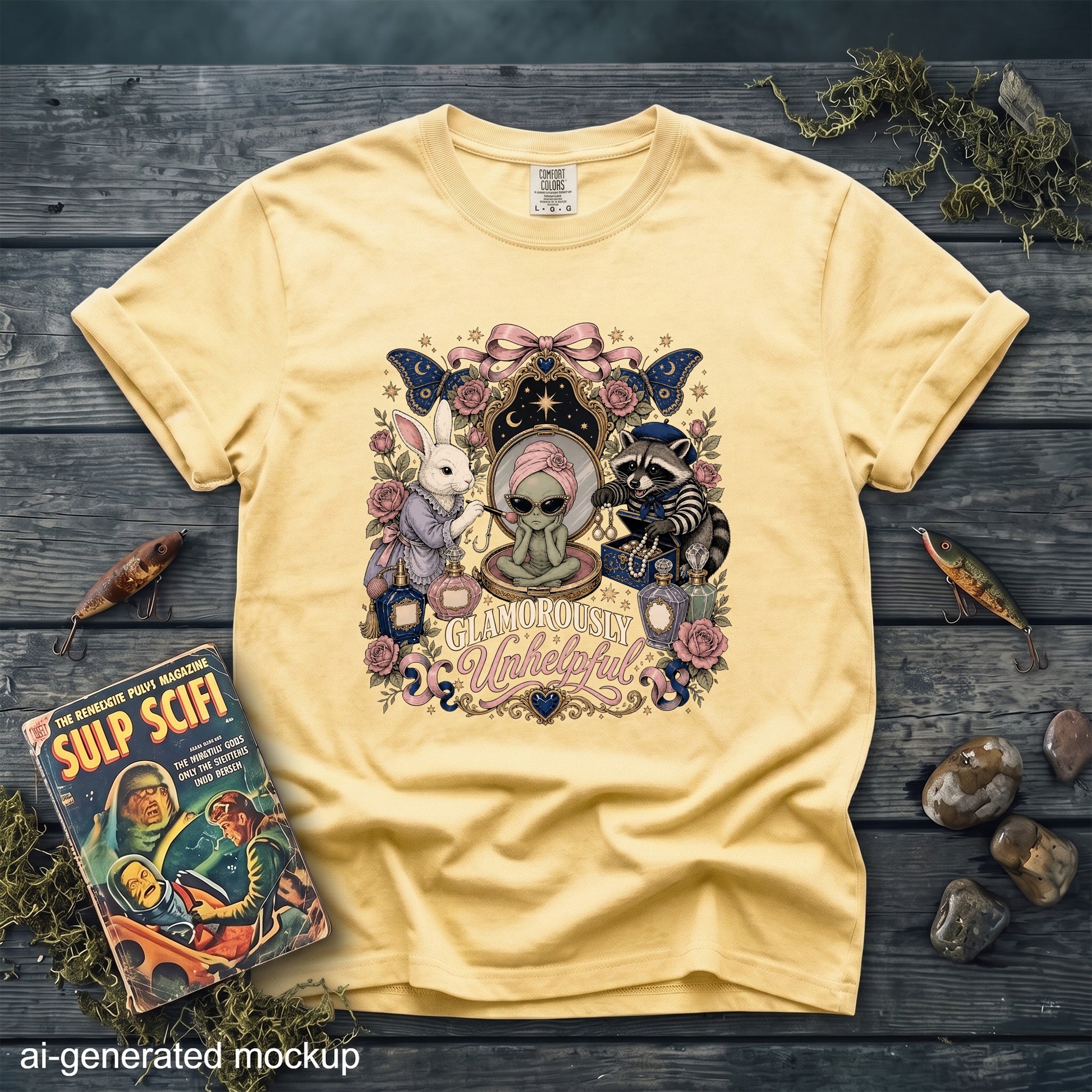 Yellow t-shirt with alien, rabbit, raccoon, and text "Glamorously Unhelpful".