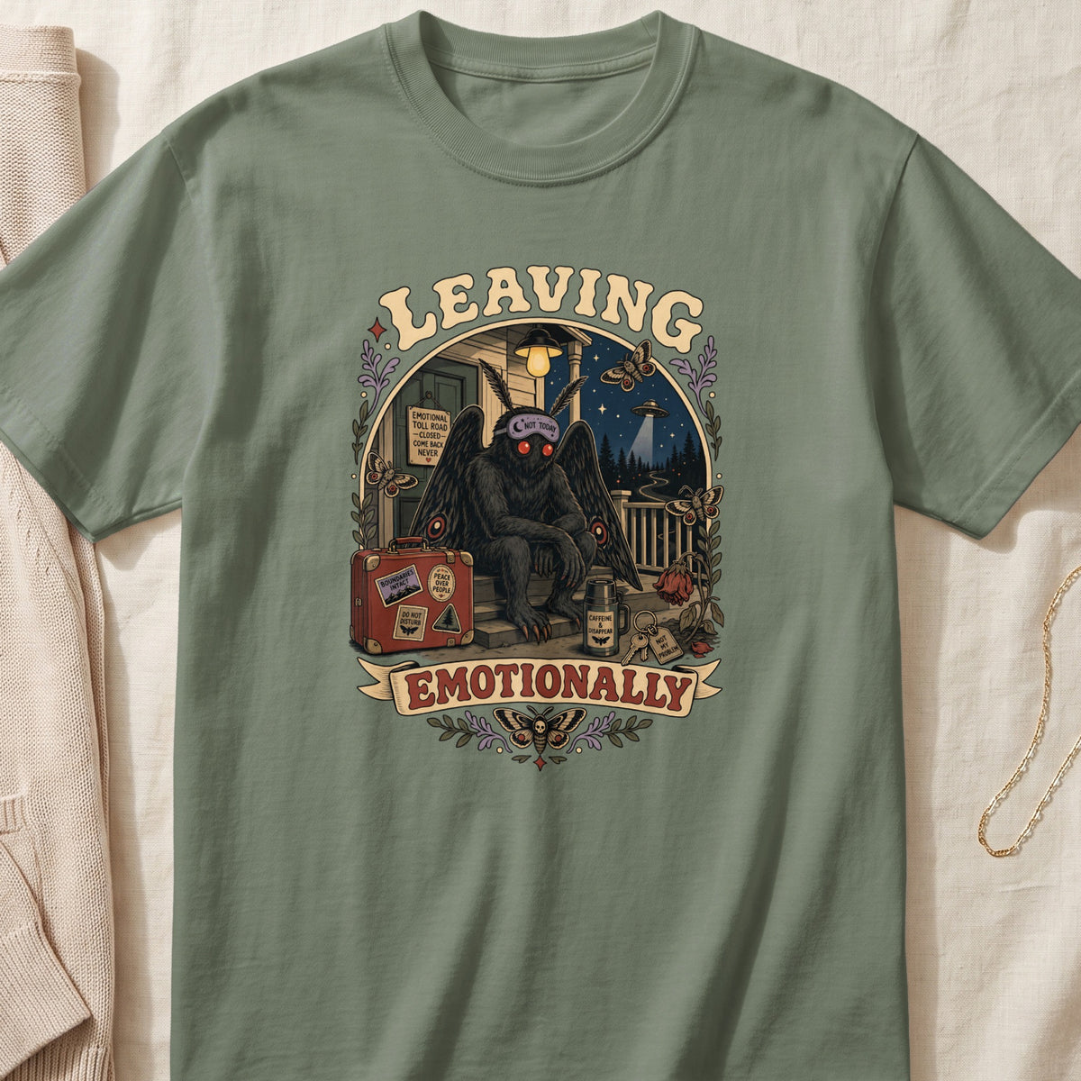 Mothman sits on steps with a suitcase and thermos, text says "Leaving Emotionally".