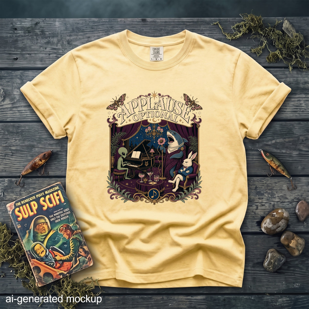 Yellow t-shirt with "Applause Optional" graphic of alien, shark, and rabbit performing.