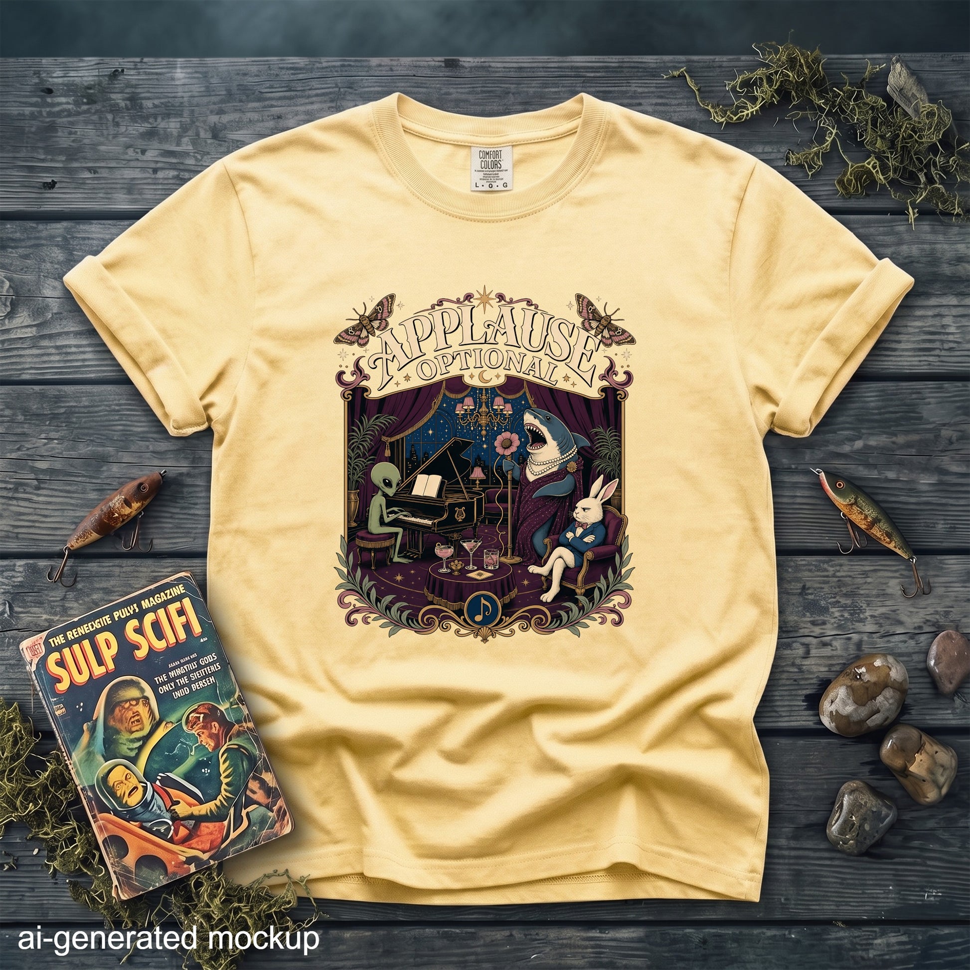 Yellow t-shirt with "Applause Optional" graphic of alien, shark, and rabbit performing.