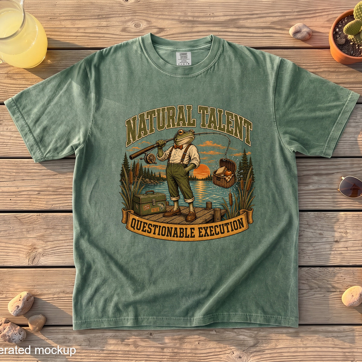 T-shirt with a graphic of a frog fishing with text "Natural Talent Questionable Execution".