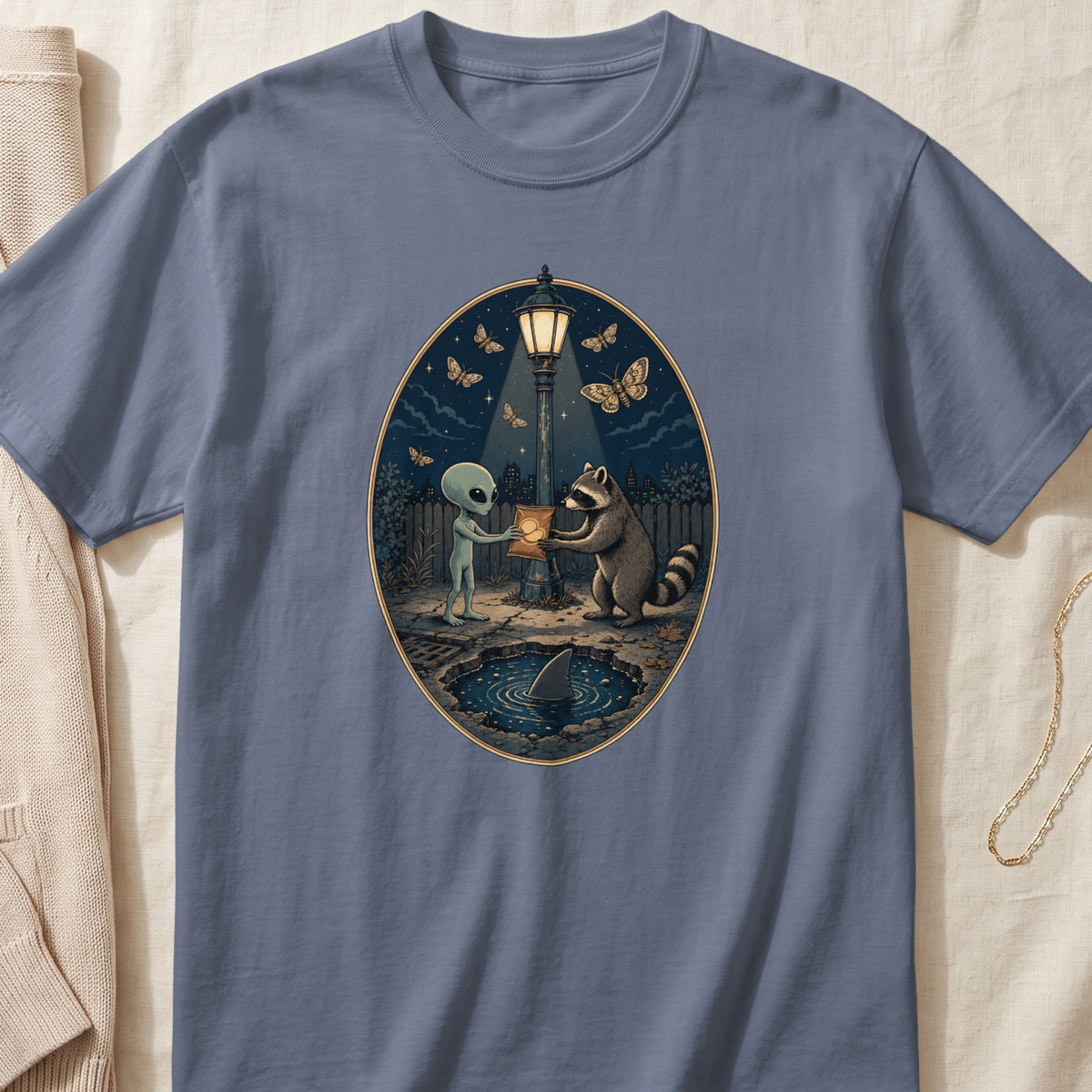 Alien and raccoon exchange chips under a streetlamp near a pond with a shark fin.