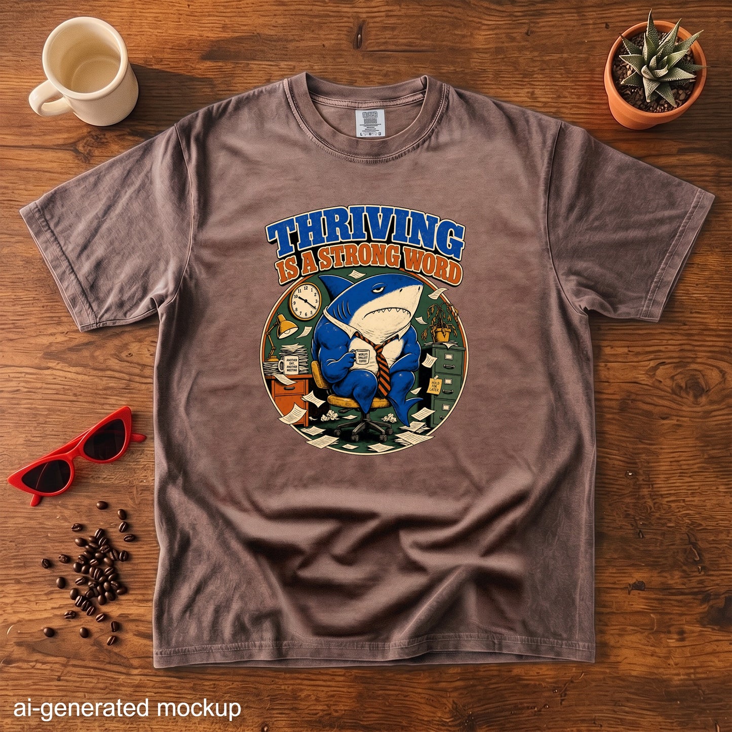 T-shirt graphic of a shark in an office stating "Thriving is a strong word".