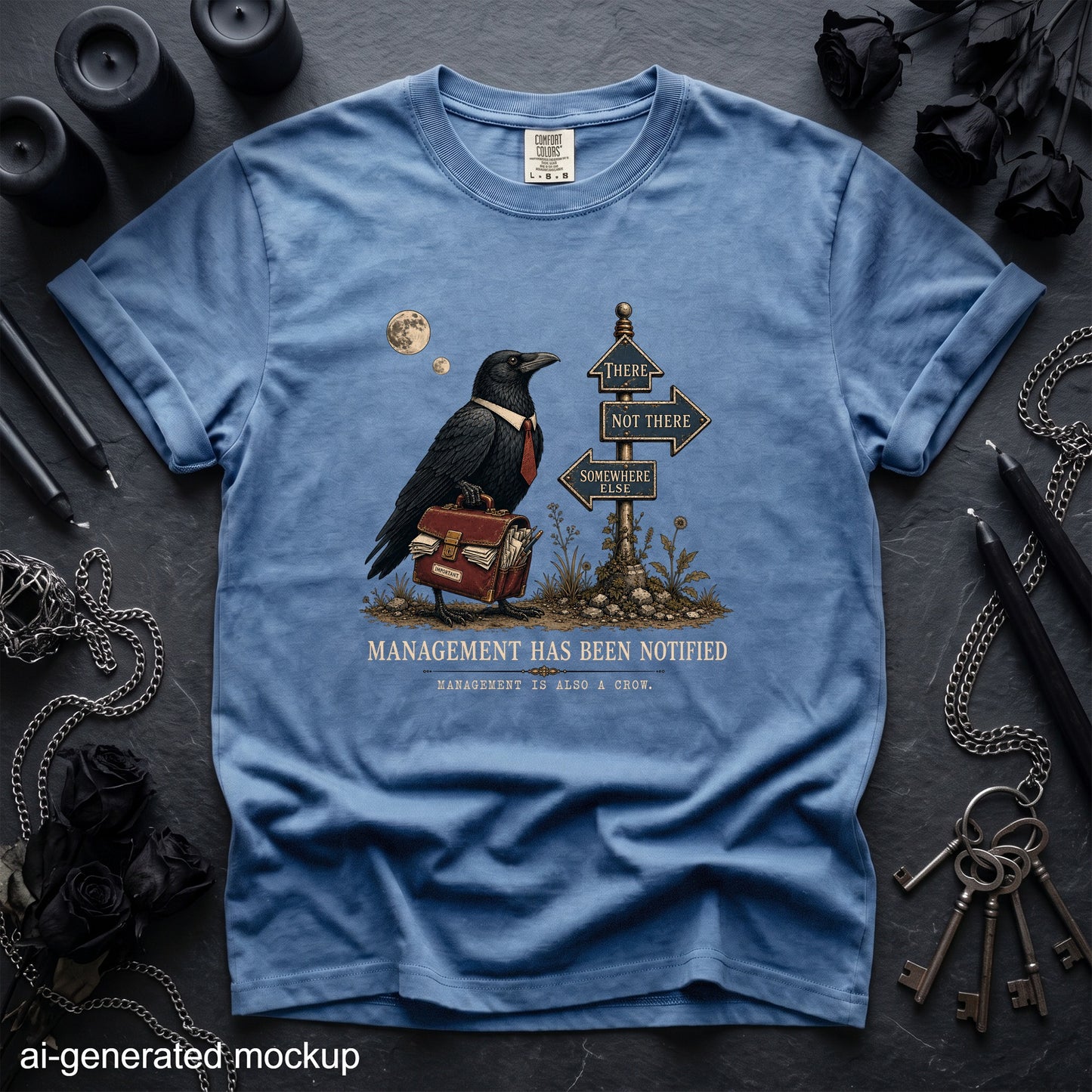 Blue t-shirt featuring a crow in a tie holding a briefcase next to directional signs.