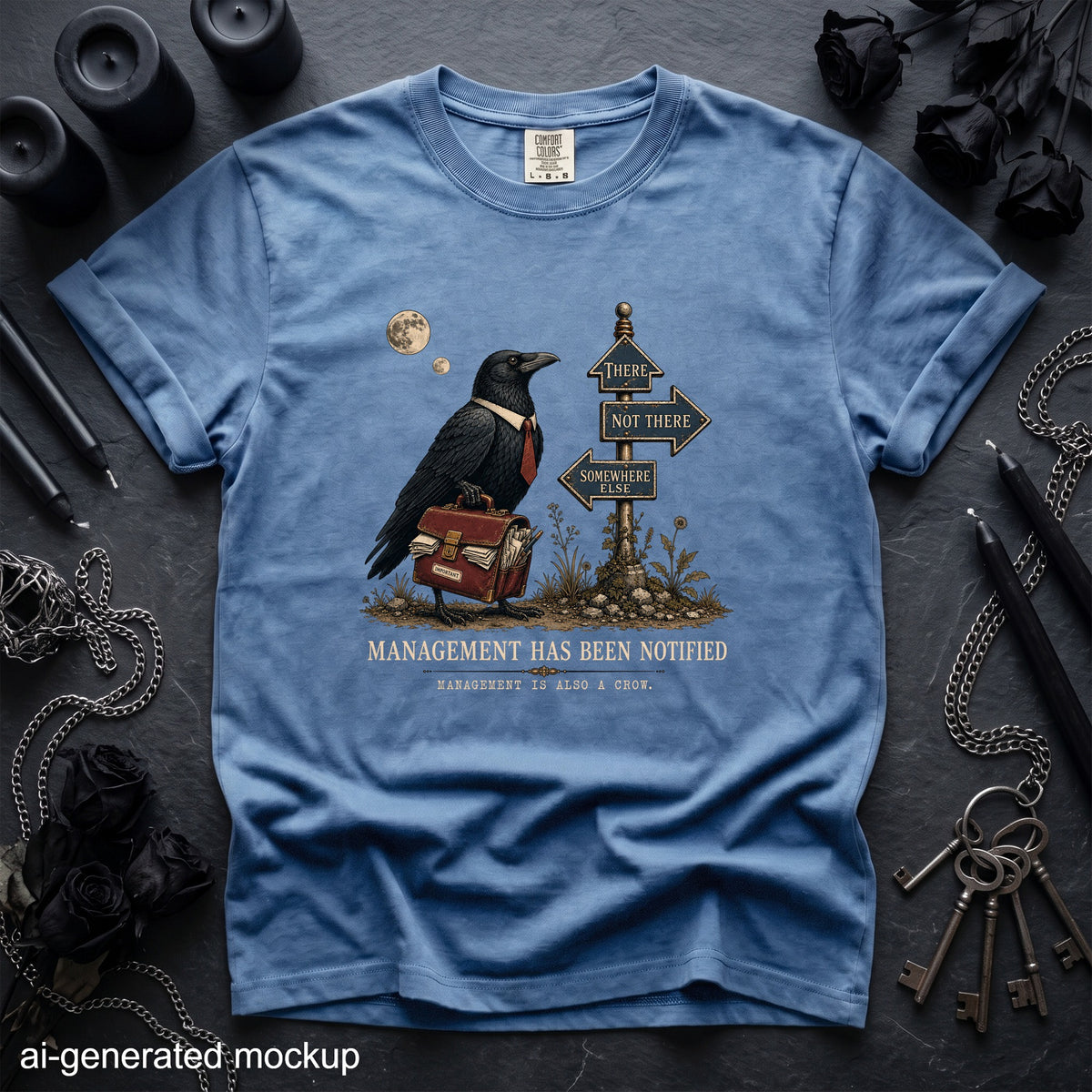 Blue t-shirt featuring a crow in a tie holding a briefcase next to directional signs.