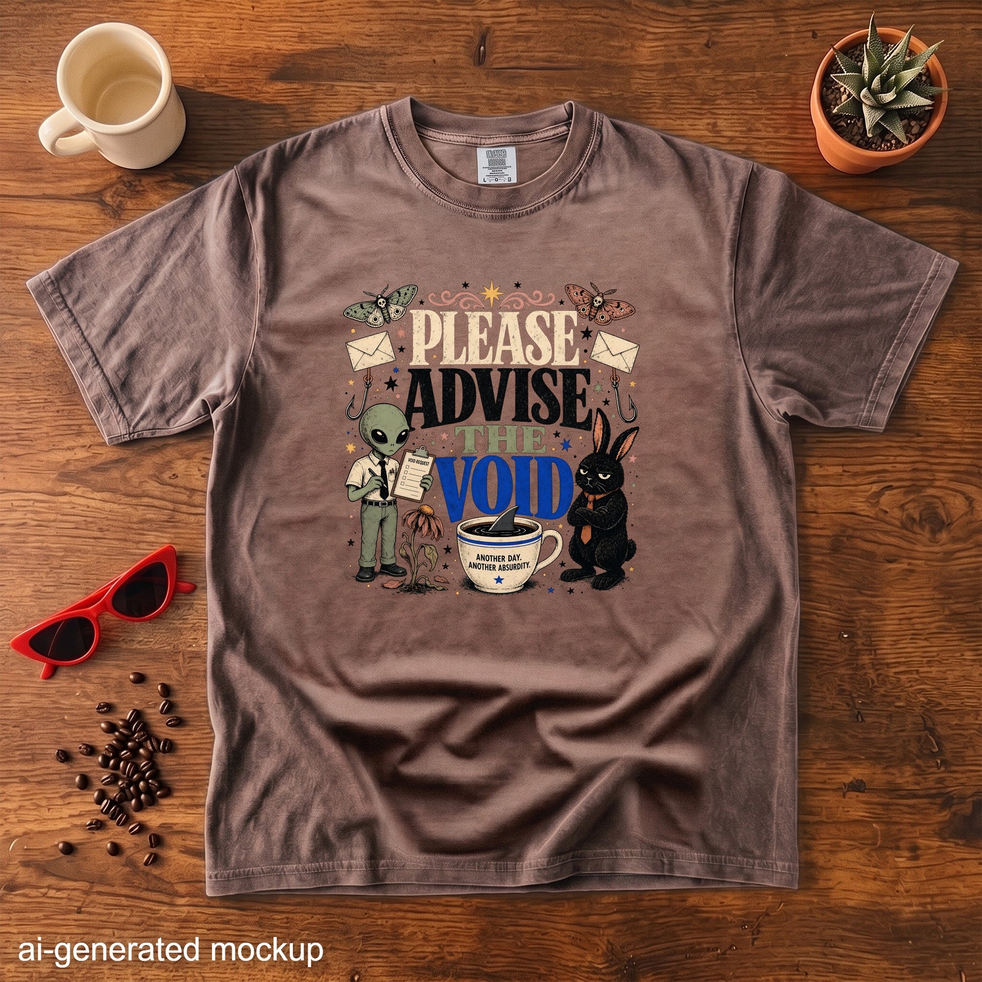 T-shirt graphic with alien, rabbit, and text: "PLEASE ADVISE THE VOID".