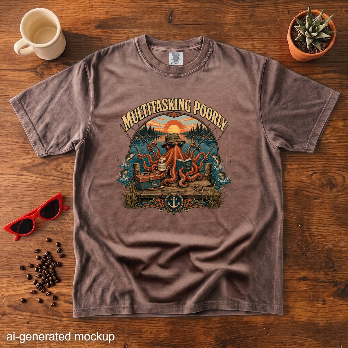 T-shirt with octopus fishing graphic and "Multitasking Poorly" text.